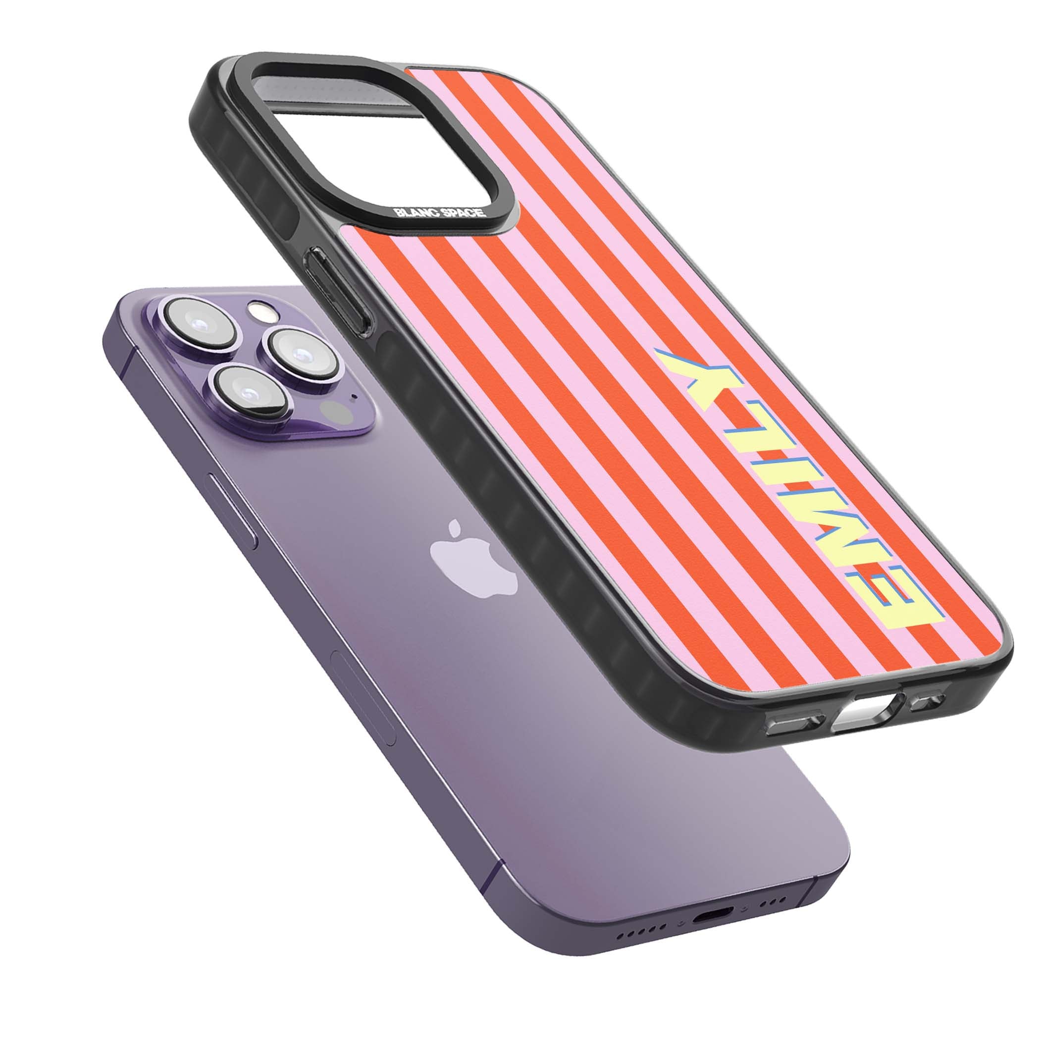 Havana Stripe personalised iPhone case featuring pink and orange vertical stripes with a custom yellow name | Black Impact Magsafe case for iPhone 13 Pro, iPhone 14 Pro, iPhone 15 Pro