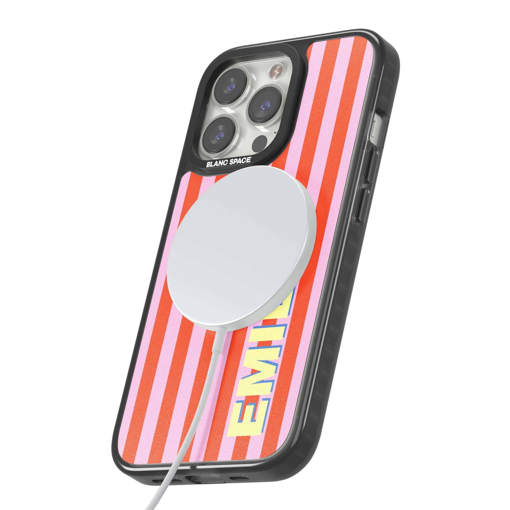 Havana Stripe personalised iPhone case featuring pink and orange vertical stripes with a custom yellow name | Black Impact Magsafe case for iPhone 13 Pro, iPhone 14 Pro, iPhone 15 Pro