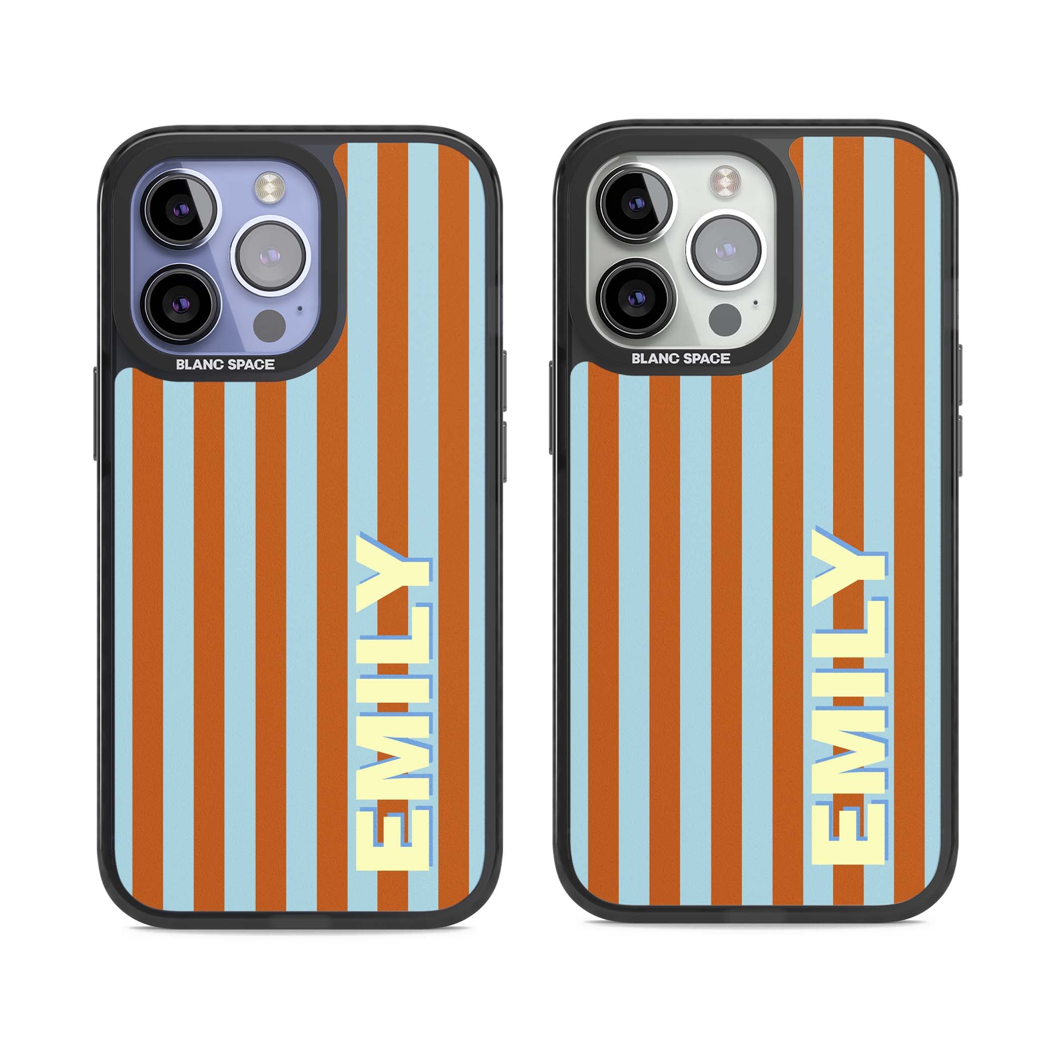 Cappadocia Stripe personalised coastal iPhone case featuring blue and orange vertical stripes with custom cream name | Black Impact Magsafe case for iPhone 13 Pro, iPhone 14 Pro, iPhone 15 Pro