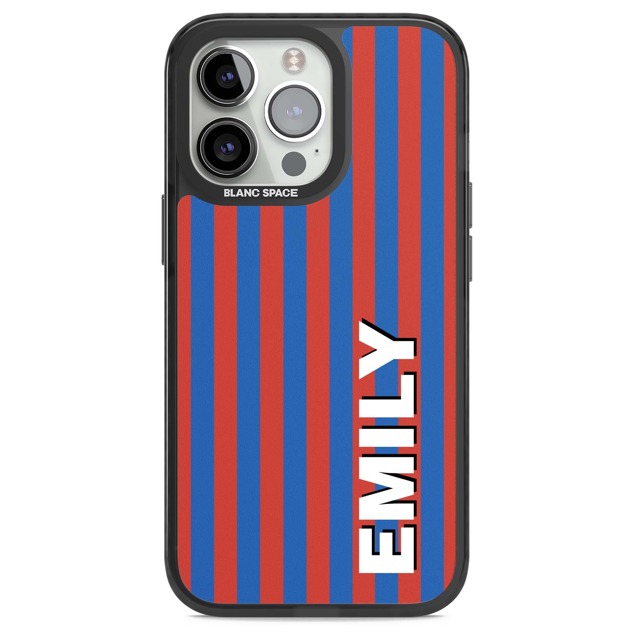 Cuban Stripe personalised iPhone case featuring red and blue vertical stripes with custom name in bold white letters | Black Impact Magsafe case for iPhone 13 Pro, iPhone 14 Pro, iPhone 15 Pro