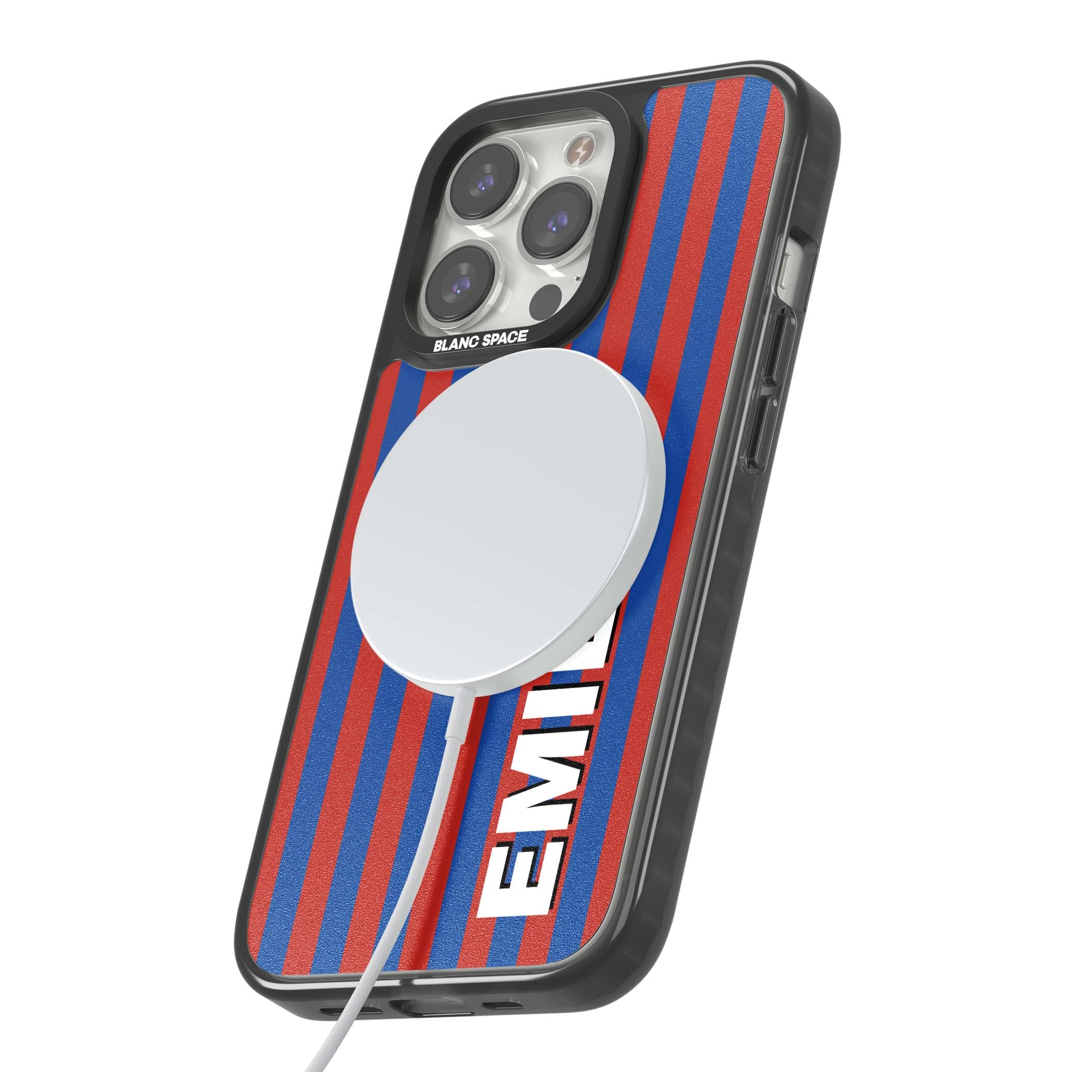 Cuban Stripe personalised iPhone case featuring red and blue vertical stripes with custom name in bold white letters | Black Impact Magsafe case for iPhone 13 Pro, iPhone 14 Pro, iPhone 15 Pro