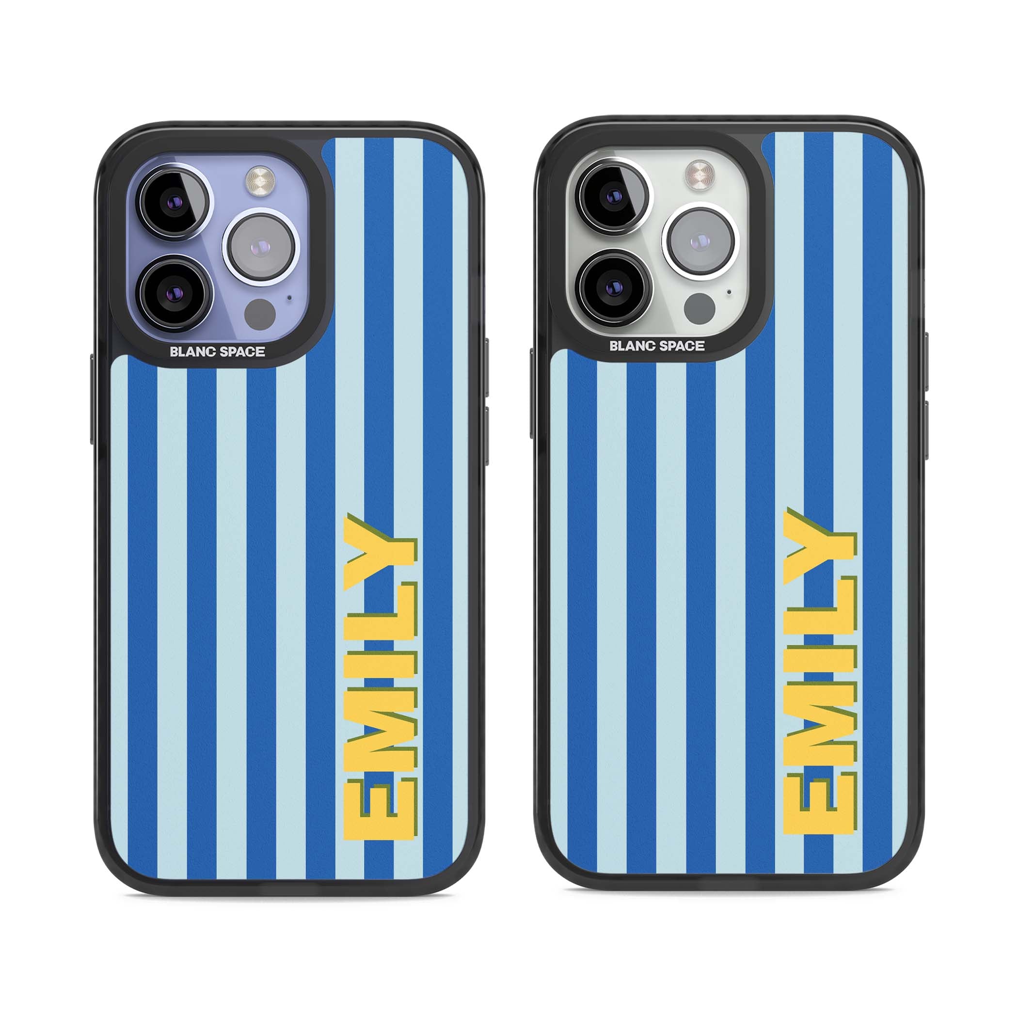 Athenian Stripe personalised preppy iPhone case featuring blue vertical stripes and a custom yellow name | Black Impact Magsafe case for iPhone 13 Pro, iPhone 14 Pro, iPhone 15 Pro