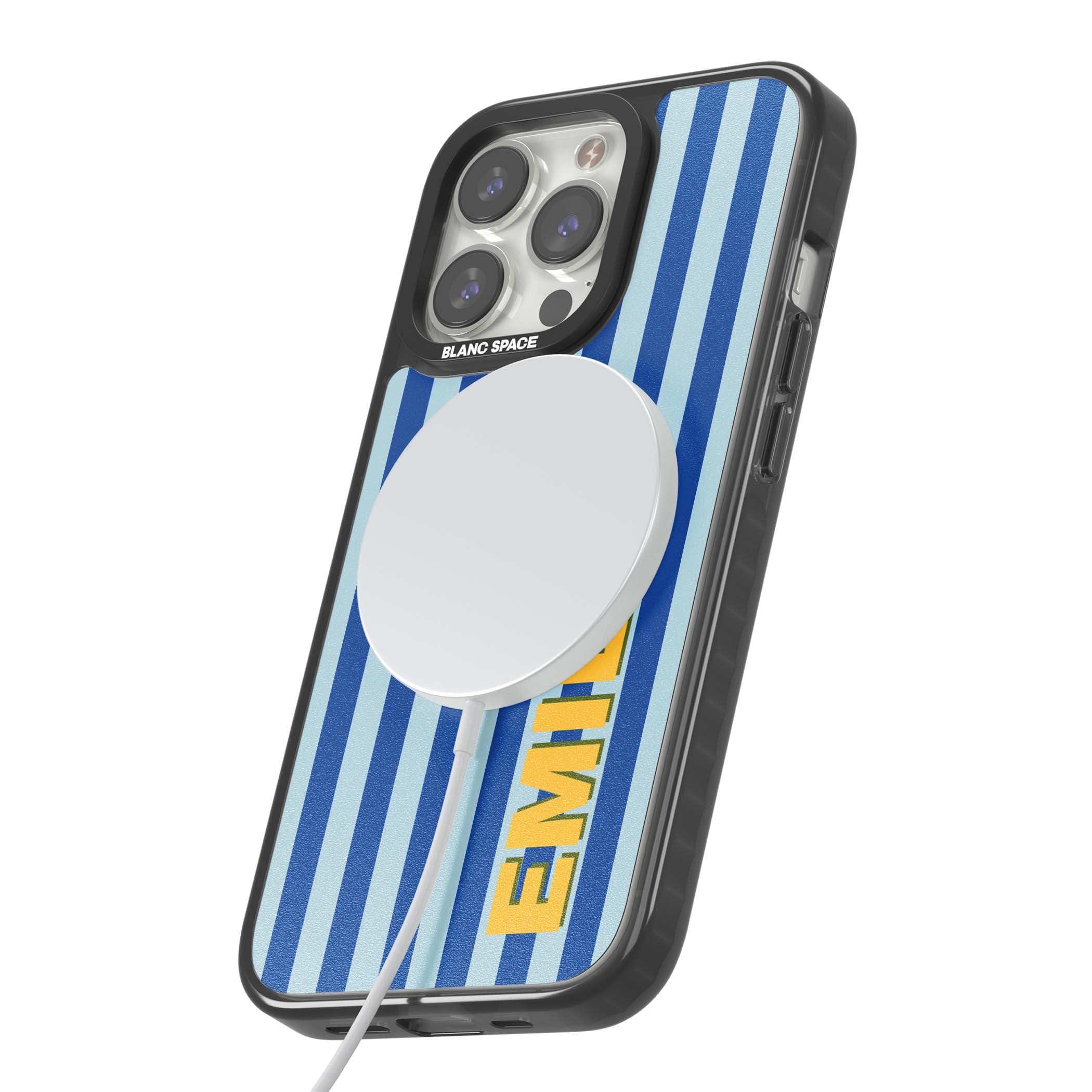 Athenian Stripe personalised preppy iPhone case featuring blue vertical stripes and a custom yellow name | Black Impact Magsafe case for iPhone 13 Pro, iPhone 14 Pro, iPhone 15 Pro