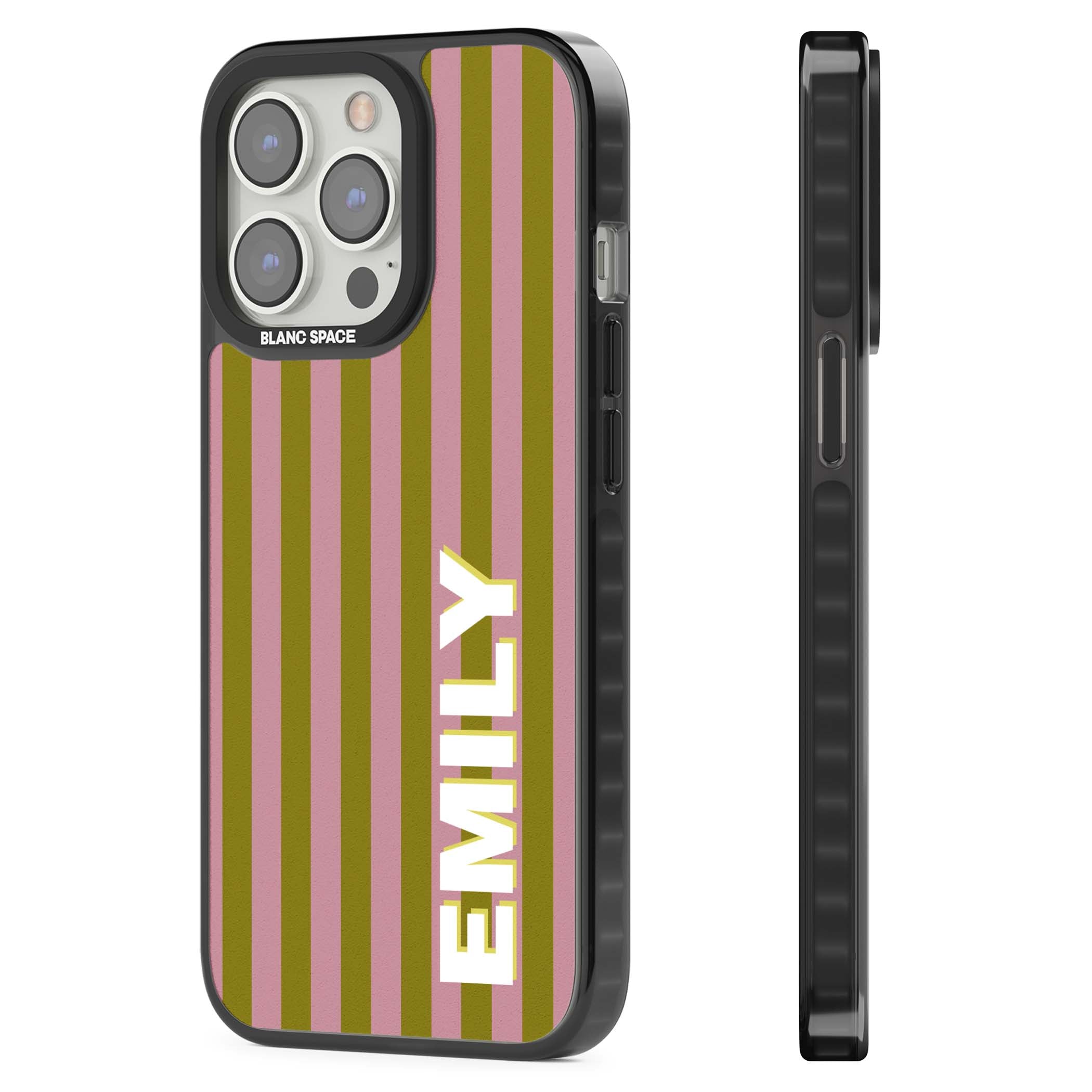 Istanbul Stripe personalised iPhone case featuring pink and olive green vertical stripes with a custom vertical name | Black Impact Magsafe case for iPhone 13 Pro, iPhone 14 Pro, iPhone 15 Pro