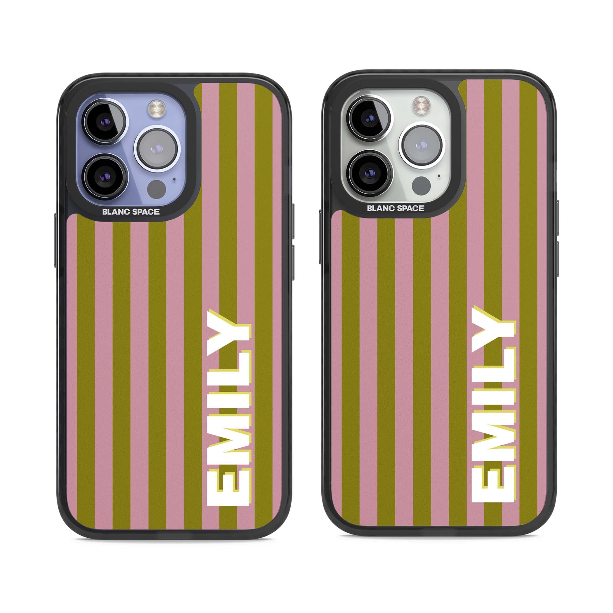 Istanbul Stripe personalised iPhone case featuring pink and olive green vertical stripes with a custom vertical name | Black Impact Magsafe case for iPhone 13 Pro, iPhone 14 Pro, iPhone 15 Pro