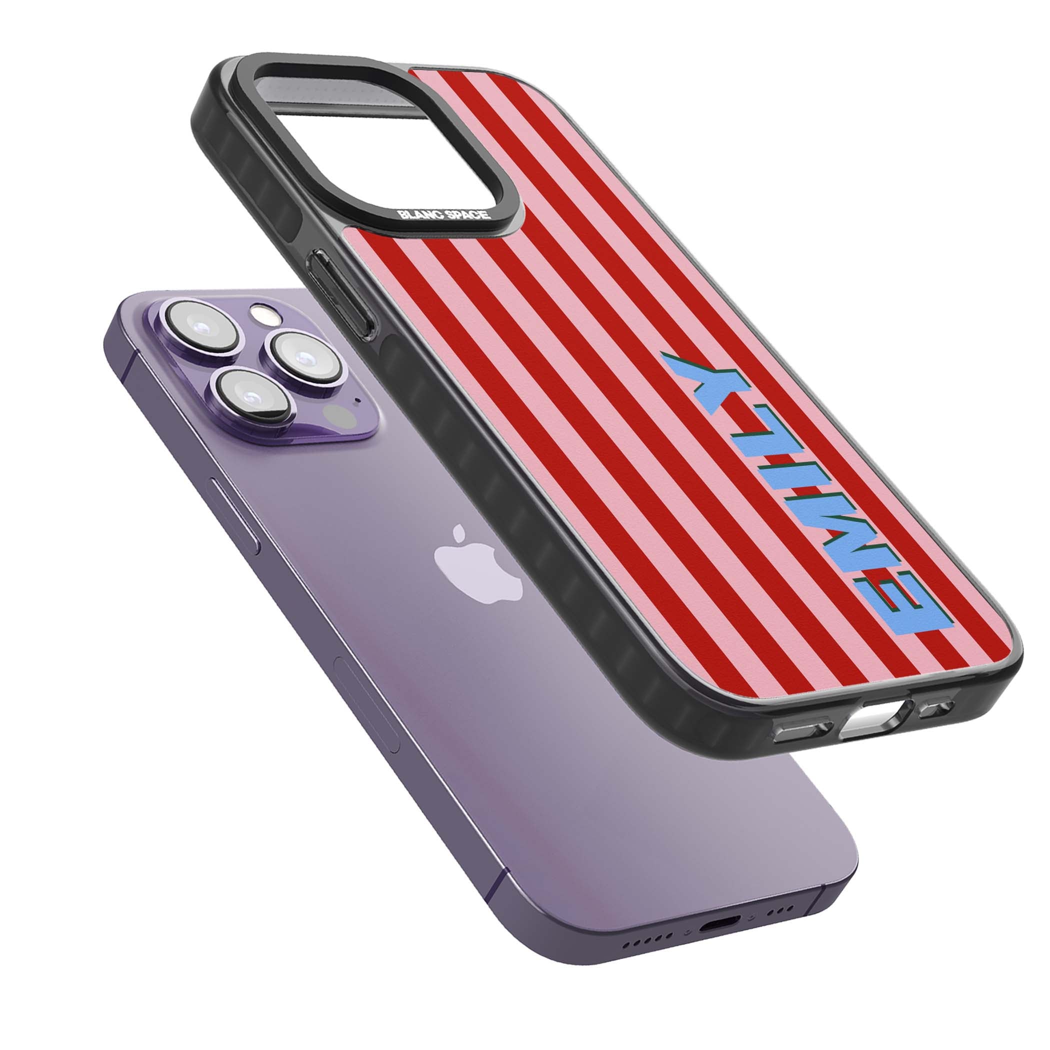 Market Stripe personalised iPhone case with red and pink vertical stripes and custom blue name | Black Impact Magsafe case for iPhone 13 Pro, iPhone 14 Pro, iPhone 15 Pro