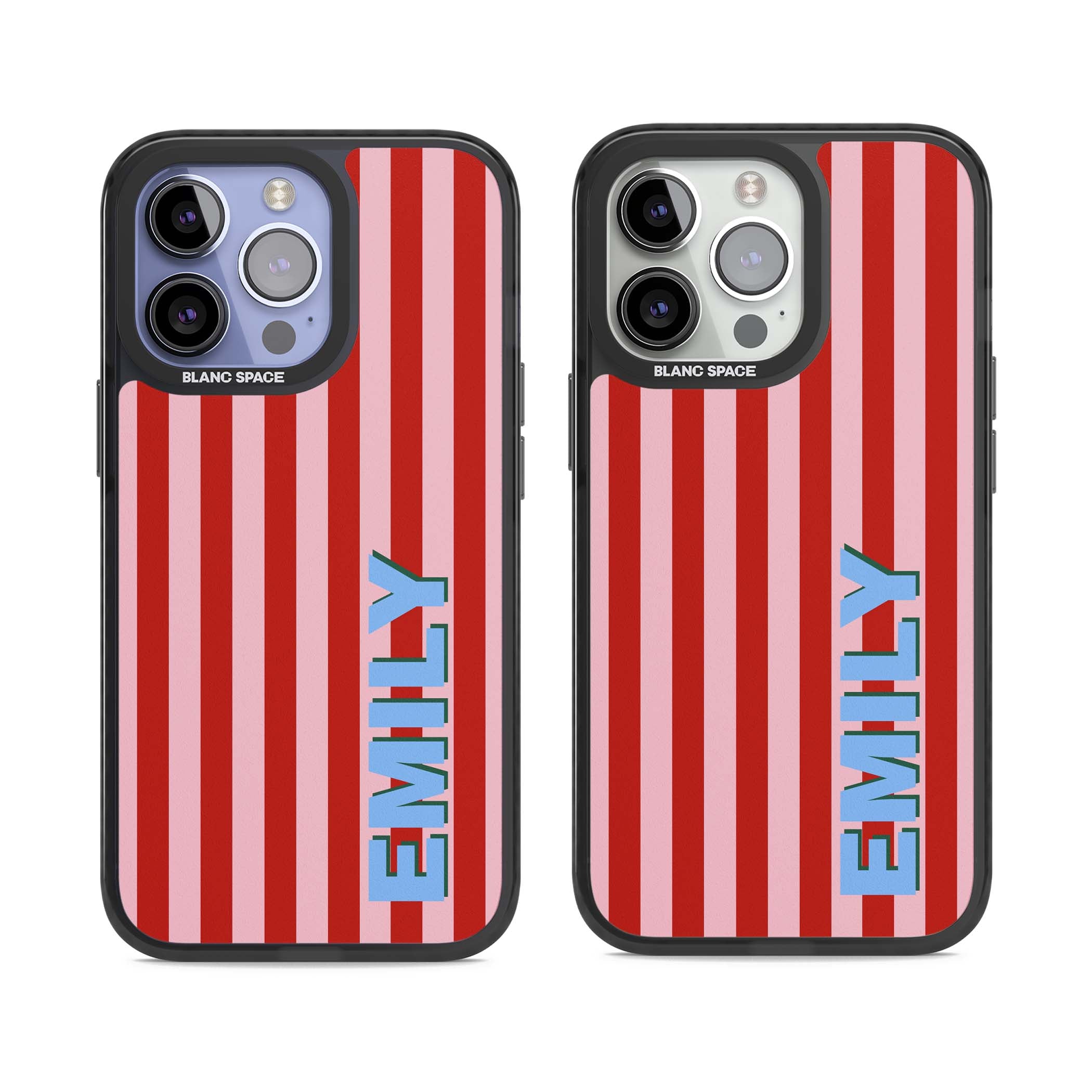 Market Stripe personalised iPhone case with red and pink vertical stripes and custom blue name | Black Impact Magsafe case for iPhone 13 Pro, iPhone 14 Pro, iPhone 15 Pro