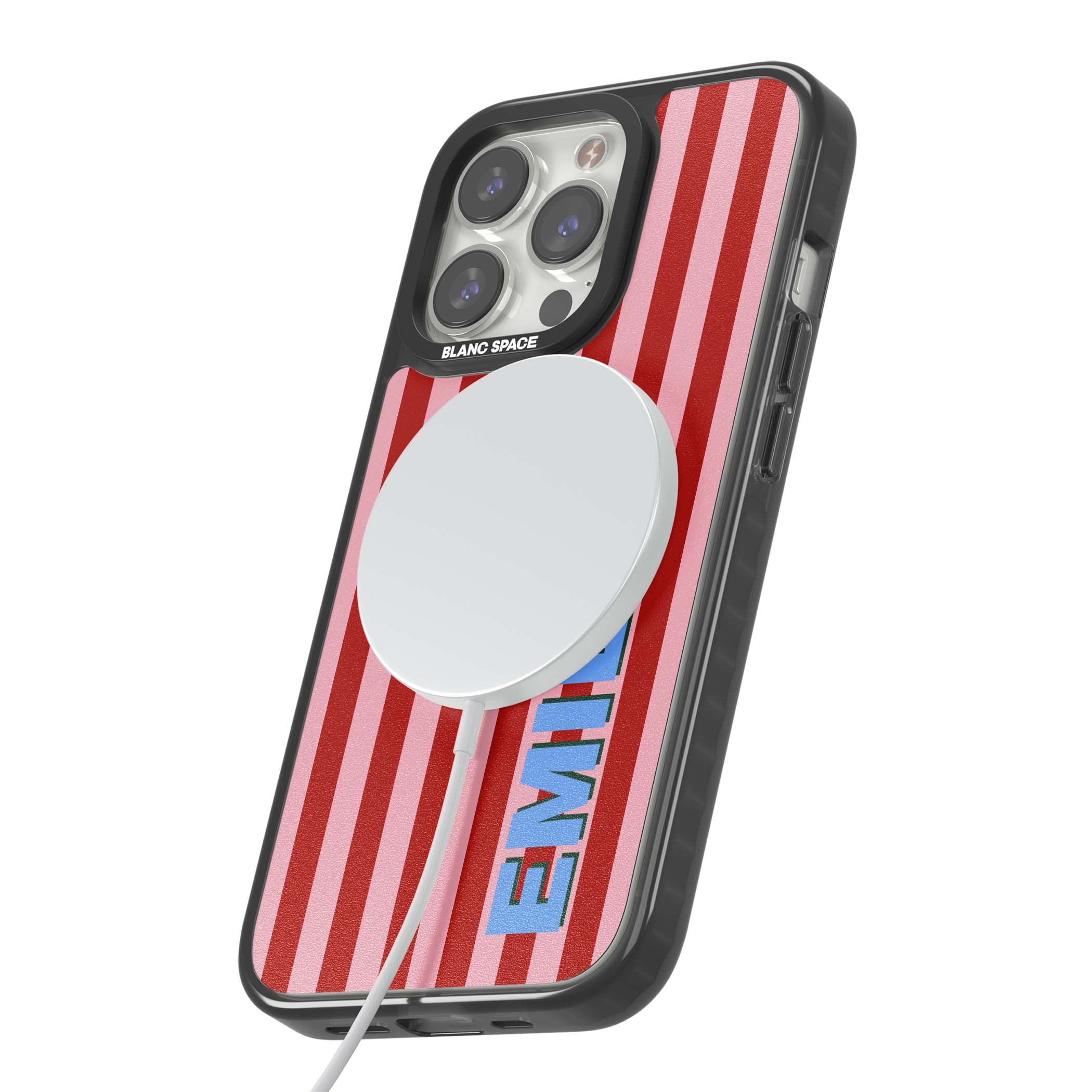 Market Stripe personalised iPhone case with red and pink vertical stripes and custom blue name | Black Impact Magsafe case for iPhone 13 Pro, iPhone 14 Pro, iPhone 15 Pro