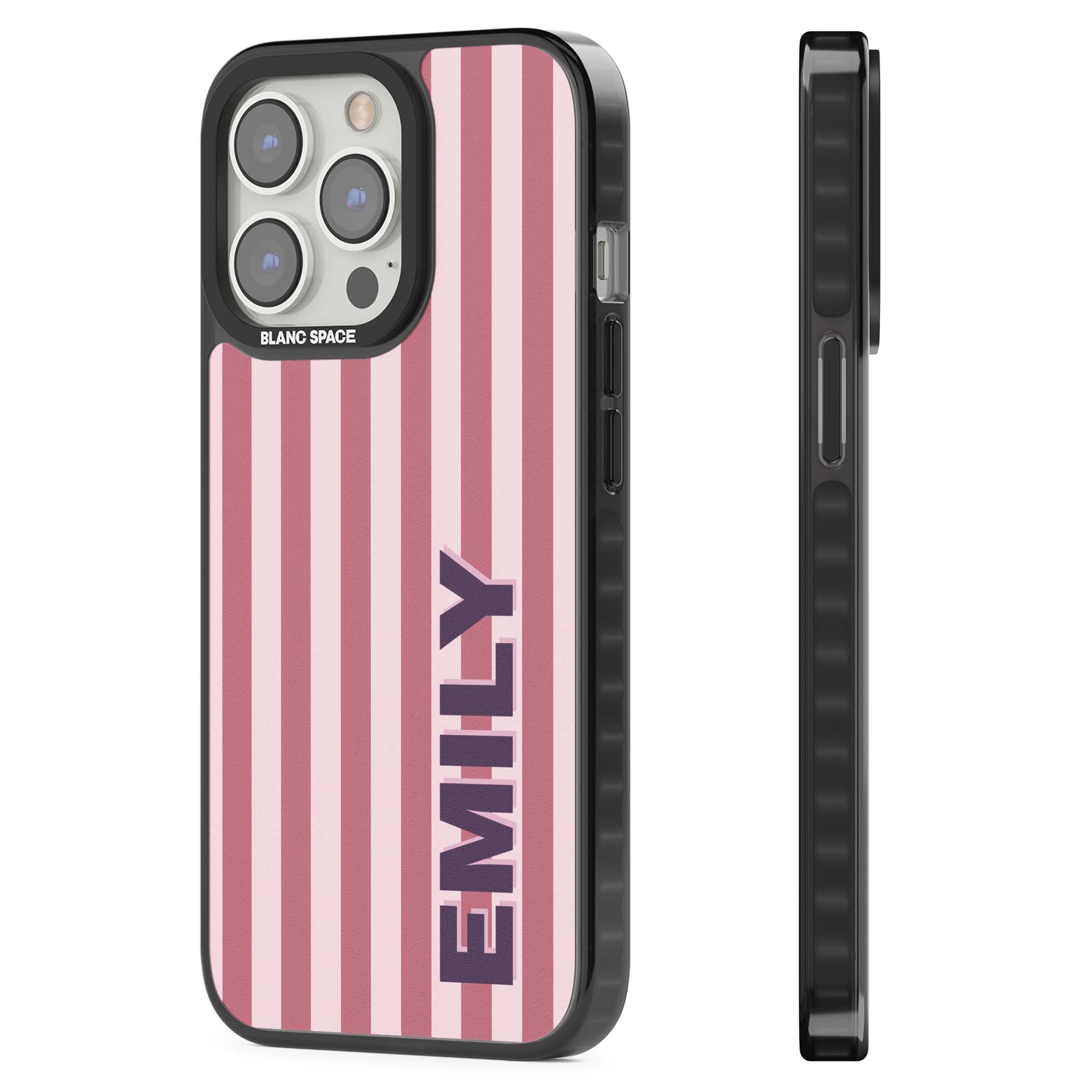 Victoria Stripe personalised iPhone case featuring pink vertical stripes and custom name in bold plum lettering | Black Impact Magsafe case for iPhone 13 Pro, iPhone 14 Pro, iPhone 15 Pro