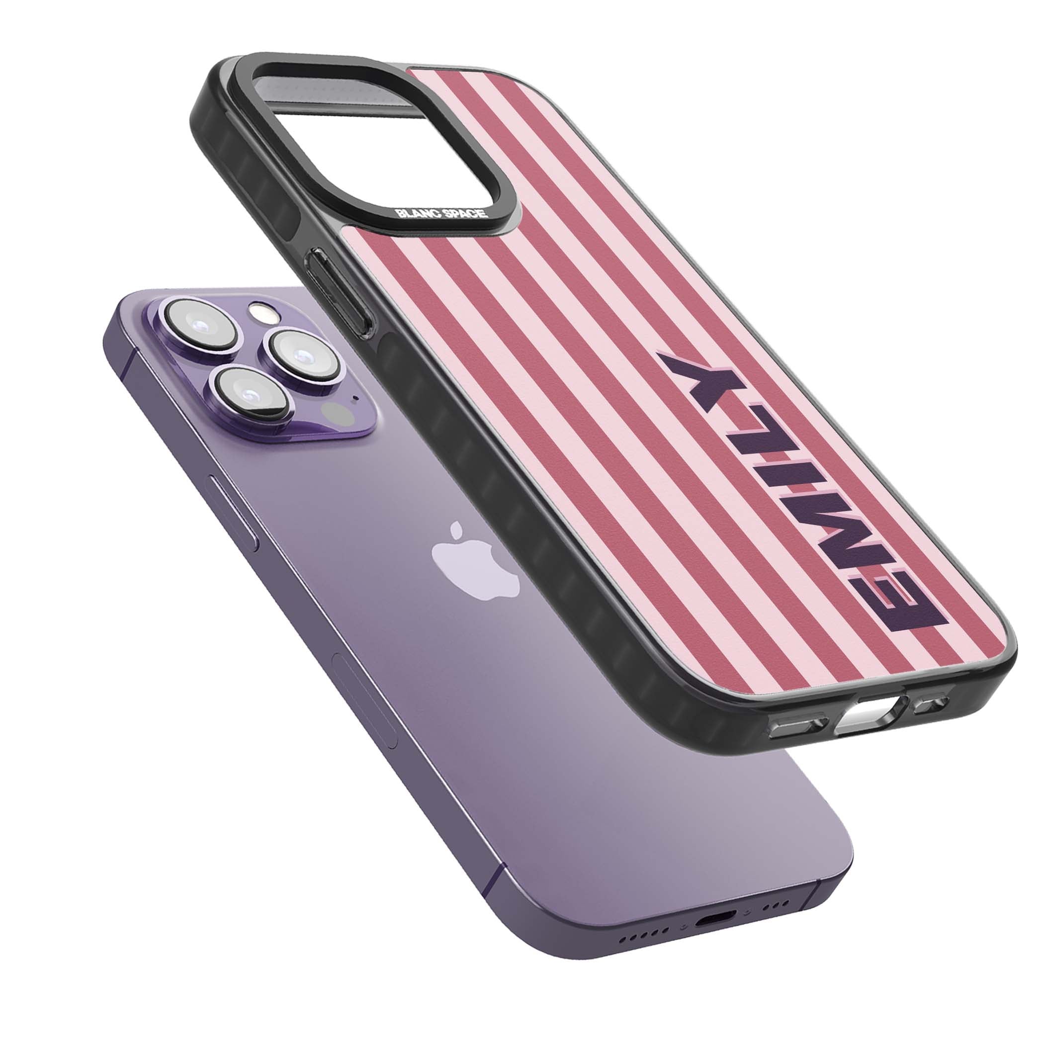 Victoria Stripe personalised iPhone case featuring pink vertical stripes and custom name in bold plum lettering | Black Impact Magsafe case for iPhone 13 Pro, iPhone 14 Pro, iPhone 15 Pro