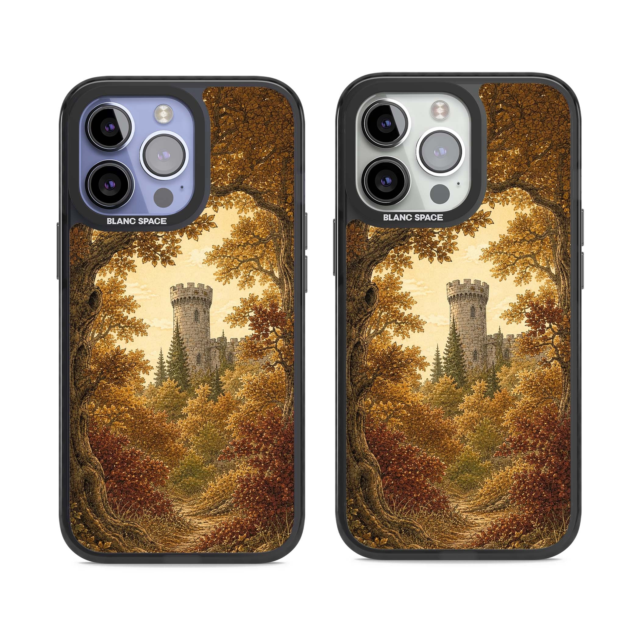 Autumn Keep cottagecore iPhone case featuring a medieval castle tower framed by golden autumn trees and woodland foliage | Black Impact Magsafe case for iPhone 13 Pro, iPhone 14 Pro, iPhone 15 Pro
