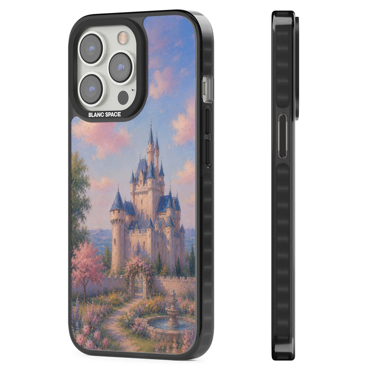 Enchanted Kingdom fairytale iPhone case featuring a romantic castle painting with cherry blossoms and pastel pink sky | Black Impact Magsafe case for iPhone 13 Pro, iPhone 14 Pro, iPhone 15 Pro