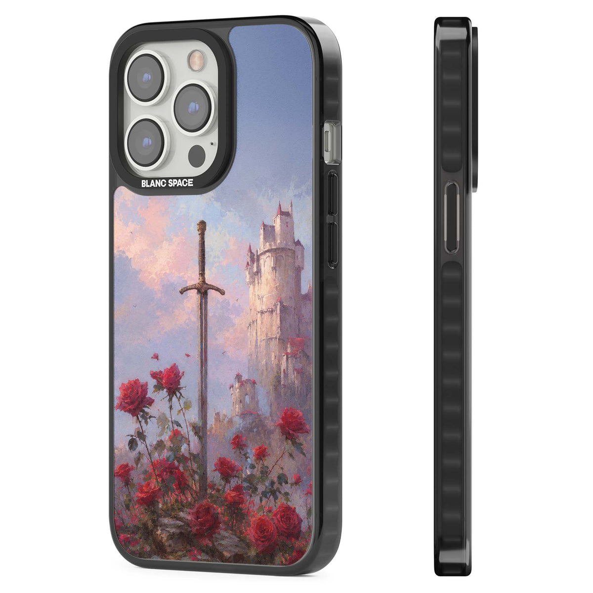 Sword in Roses medieval art iPhone case featuring a sword, red roses, and a misty fairytale castle at sunset | Black Impact Magsafe case for iPhone 13 Pro, iPhone 14 Pro, iPhone 15 Pro
