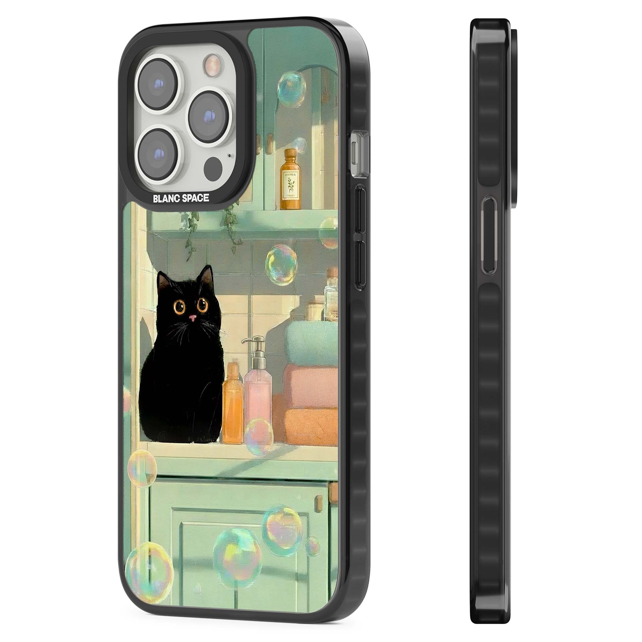Bathroom Bubble Kitty cottagecore iPhone case featuring a black cat, mint bathroom scene and floating soap bubbles | Black Impact Magsafe case for iPhone 13 Pro, iPhone 14 Pro, iPhone 15 Pro