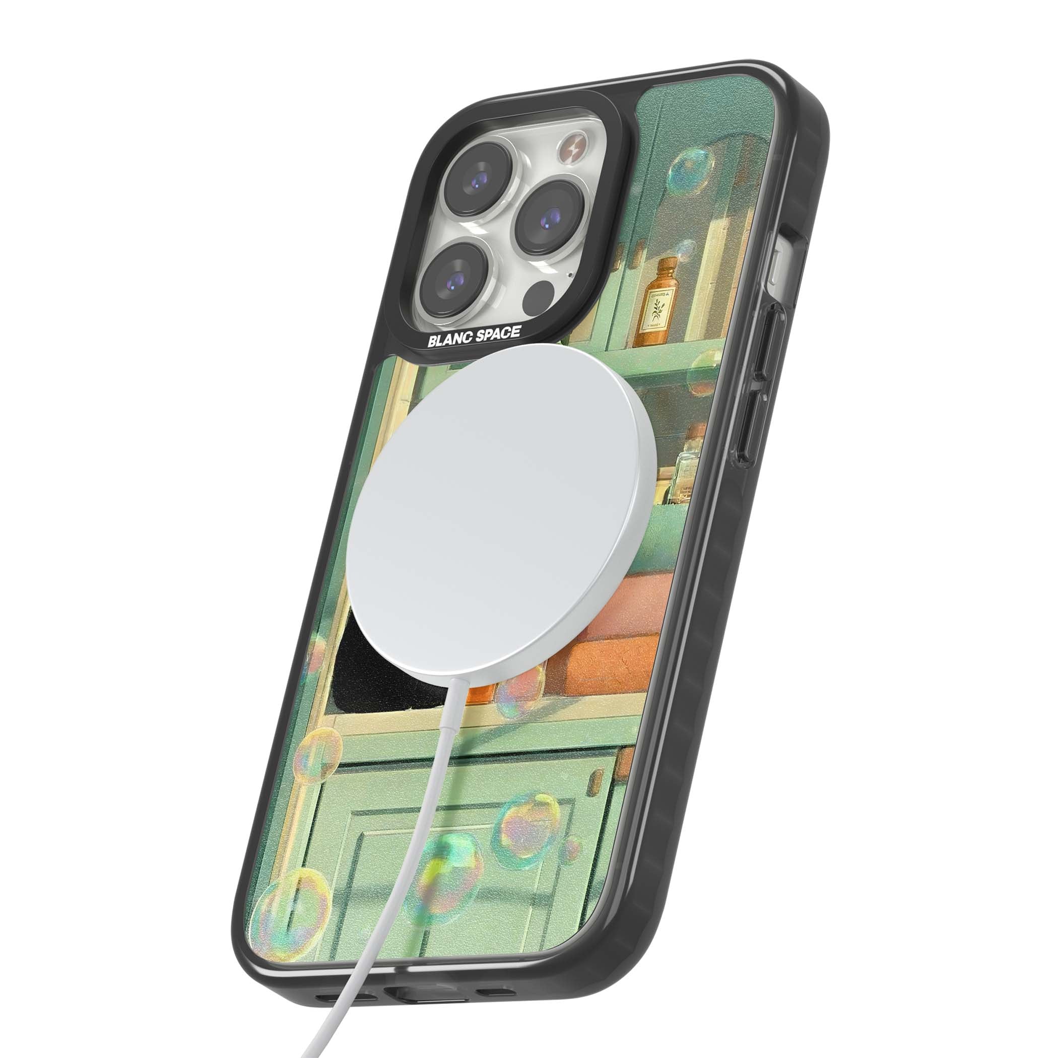 Bathroom Bubble Kitty cottagecore iPhone case featuring a black cat, mint bathroom scene and floating soap bubbles | Black Impact Magsafe case for iPhone 13 Pro, iPhone 14 Pro, iPhone 15 Pro