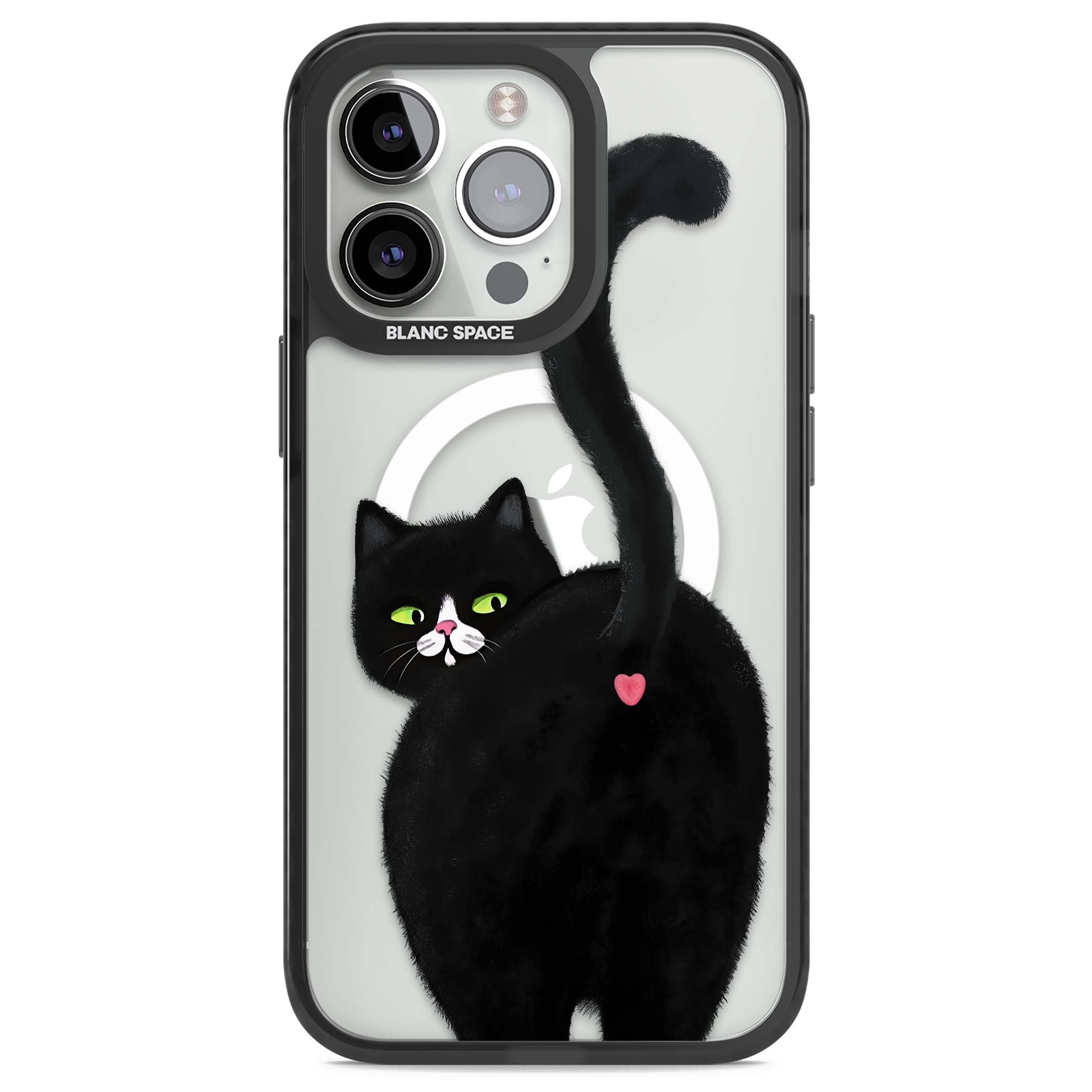 The Cat's Kiss cute cat iPhone case featuring a hand-painted tuxedo kitty with green eyes and a pink heart on a clear | Black Impact Magsafe case for iPhone 13 Pro, iPhone 14 Pro, iPhone 15 Pro