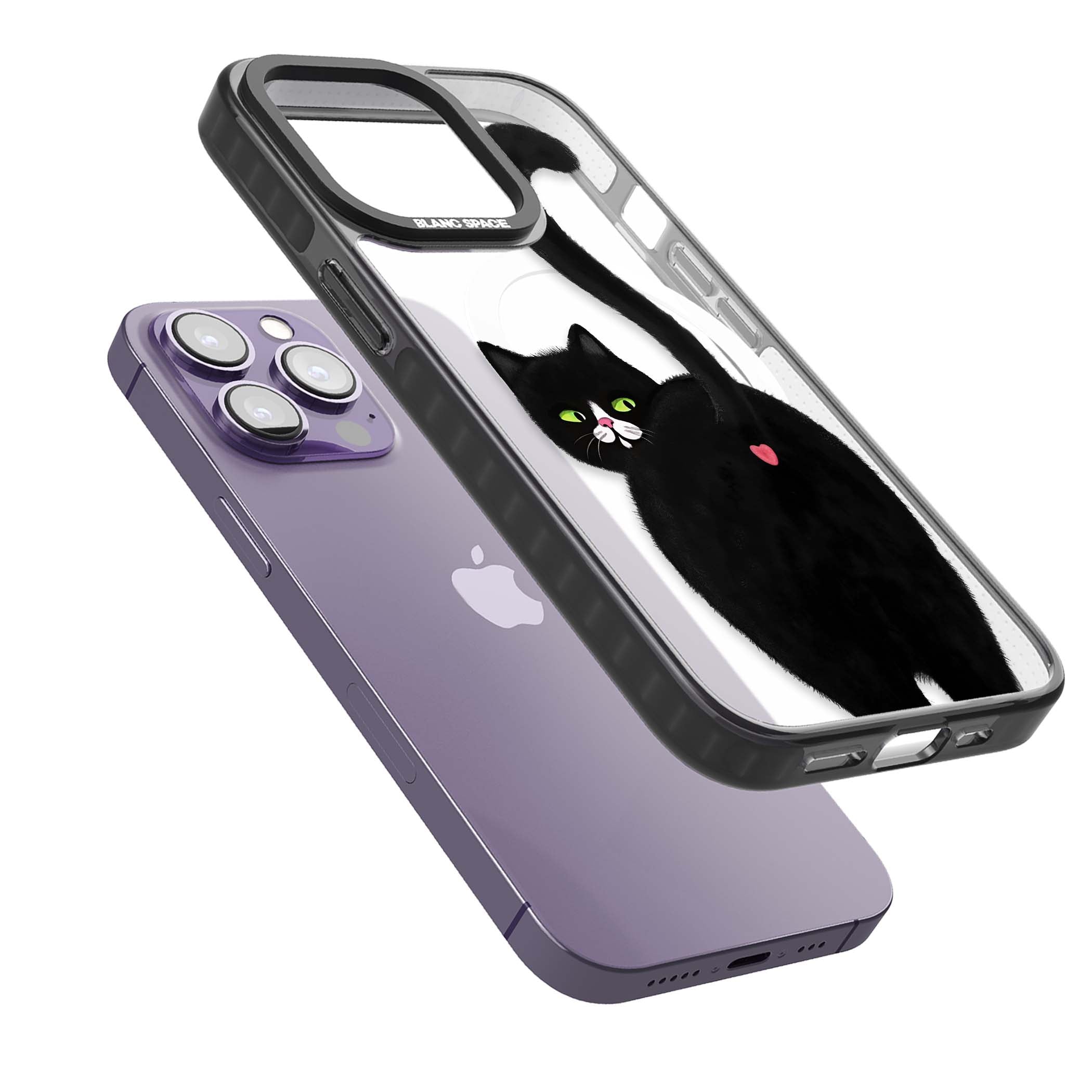The Cat's Kiss cute cat iPhone case featuring a hand-painted tuxedo kitty with green eyes and a pink heart on a clear | Black Impact Magsafe case for iPhone 13 Pro, iPhone 14 Pro, iPhone 15 Pro