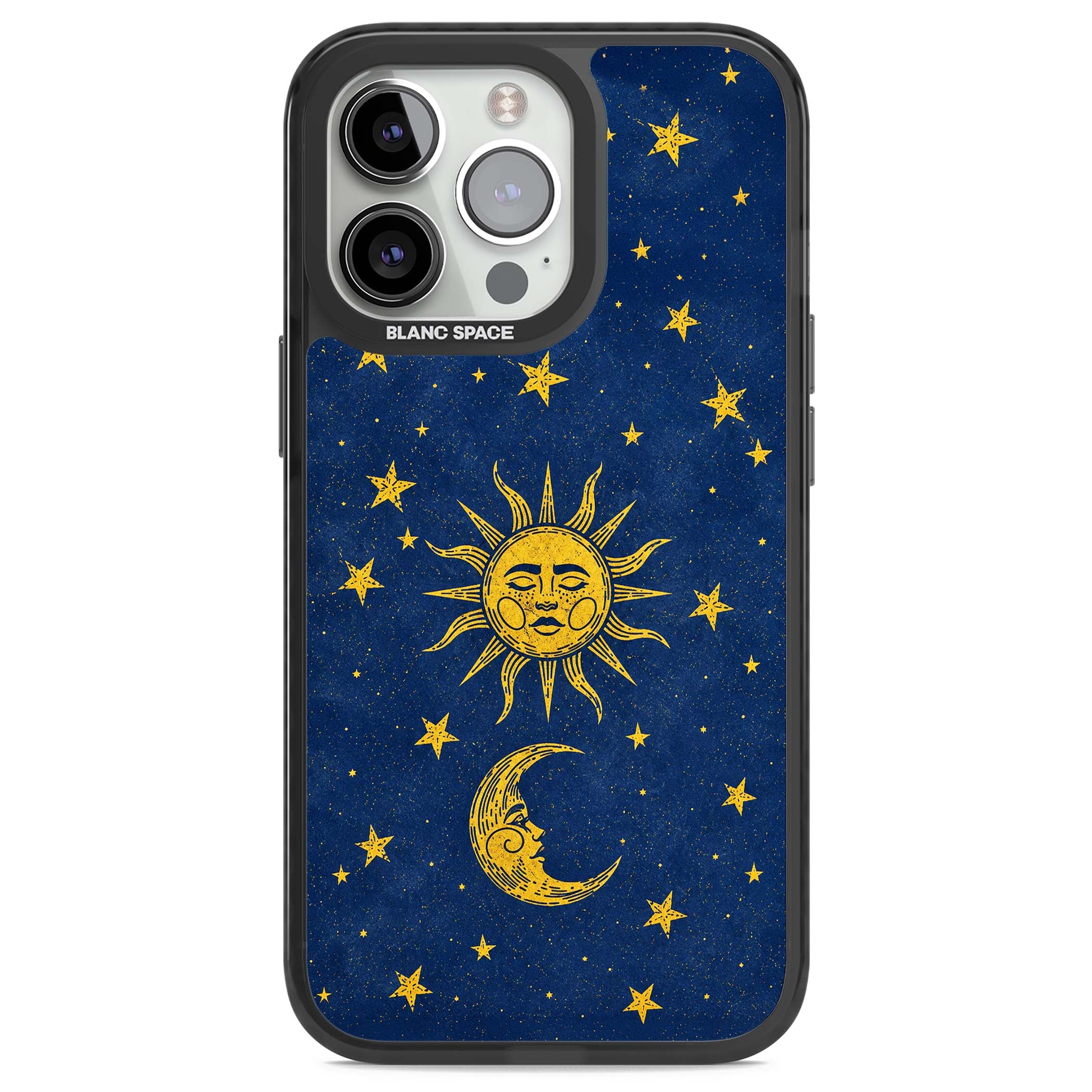 Sun & Moon Reverie celestial iPhone case featuring a vintage golden sun, crescent moon and scattered stars on midnight blue | Black Impact Magsafe case for iPhone 13 Pro, iPhone 14 Pro, iPhone 15 Pro