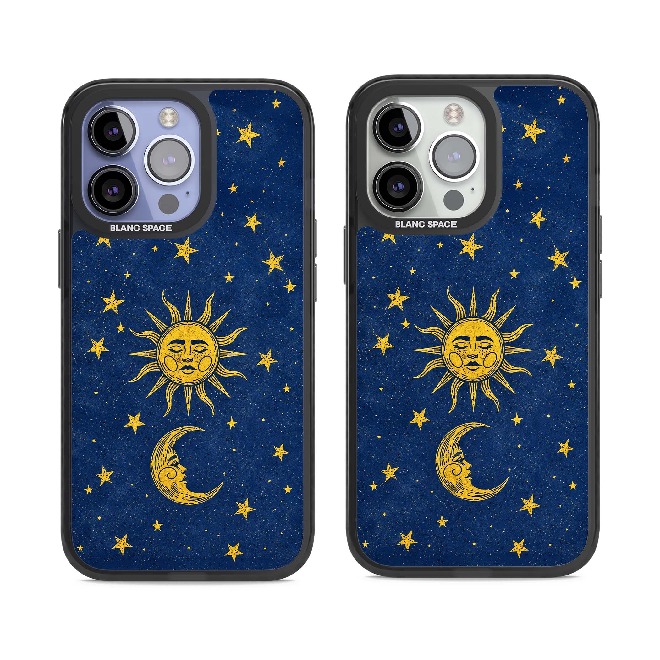 Sun & Moon Reverie celestial iPhone case featuring a vintage golden sun, crescent moon and scattered stars on midnight blue | Black Impact Magsafe case for iPhone 13 Pro, iPhone 14 Pro, iPhone 15 Pro