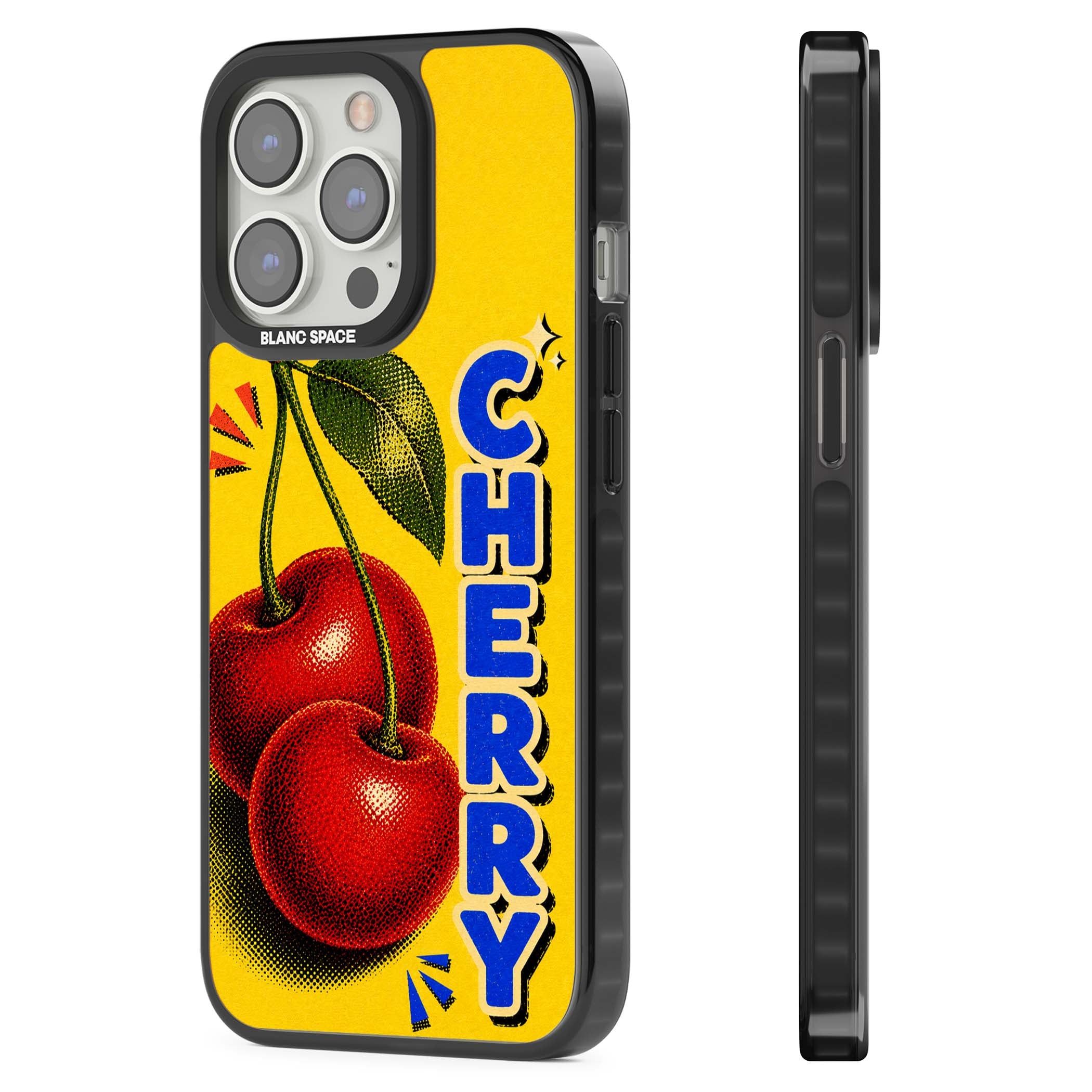Cherry Yellow y2k iPhone case featuring two red cherries, halftone shading and bold blue CHERRY lettering on yellow | Black Impact Magsafe case for iPhone 13 Pro, iPhone 14 Pro, iPhone 15 Pro