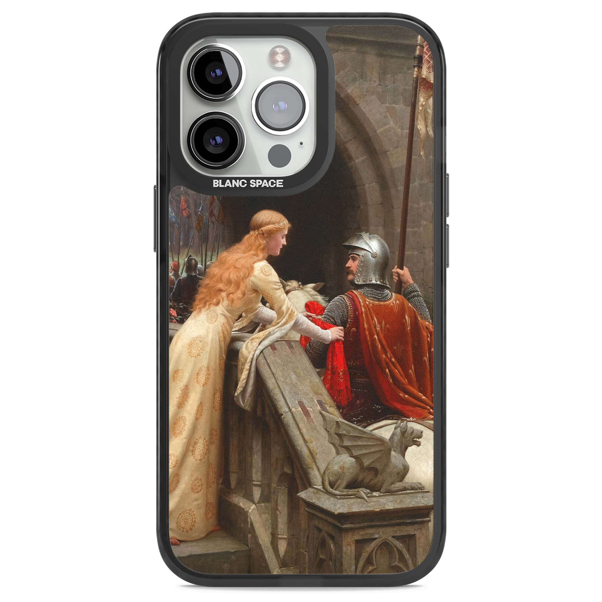 God Speed fine art iPhone case featuring Edmund Blair Leighton's medieval knight and lady beneath a stone archway | Black Impact Magsafe case for iPhone 13 Pro, iPhone 14 Pro, iPhone 15 Pro