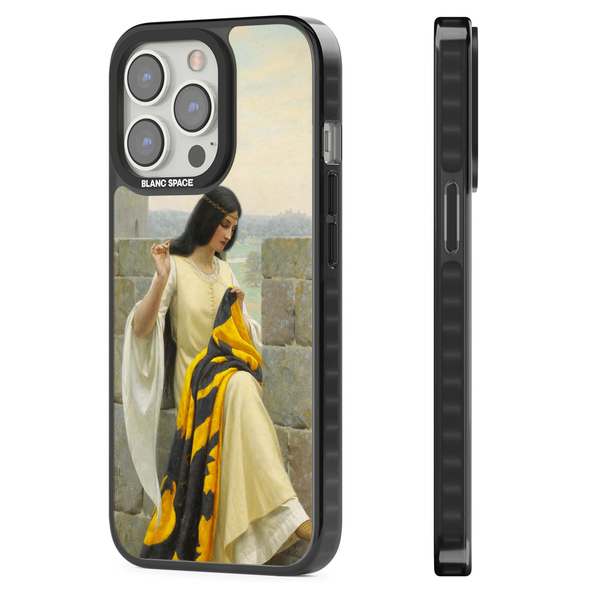 Stitching the Standard renaissance art iPhone case featuring a medieval lady sewing a golden banner on a castle wall | Black Impact Magsafe case for iPhone 13 Pro, iPhone 14 Pro, iPhone 15 Pro