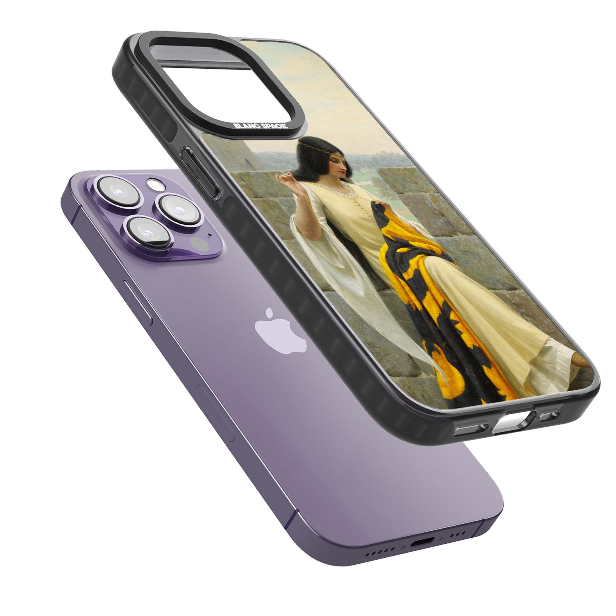 Stitching the Standard renaissance art iPhone case featuring a medieval lady sewing a golden banner on a castle wall | Black Impact Magsafe case for iPhone 13 Pro, iPhone 14 Pro, iPhone 15 Pro