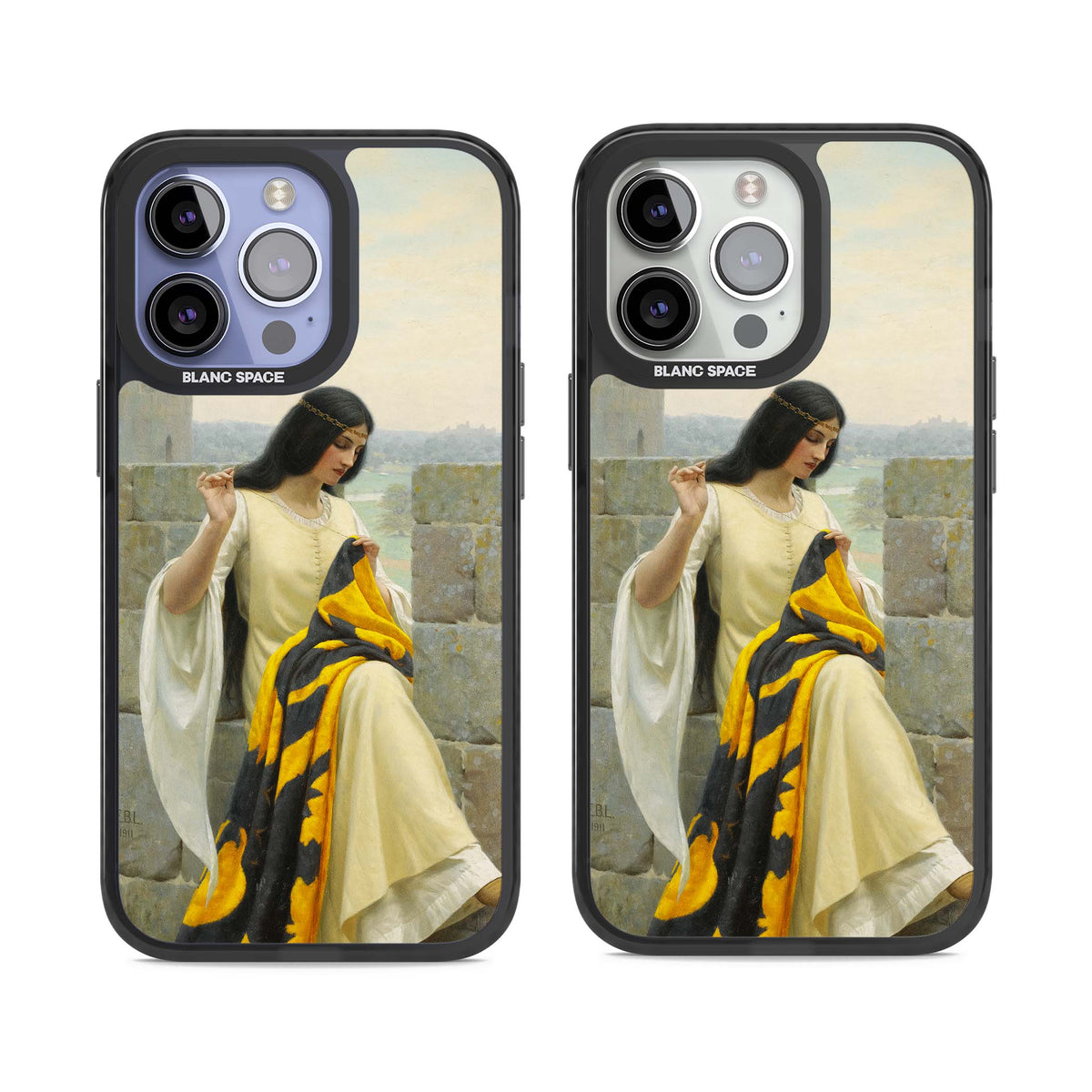 Stitching the Standard renaissance art iPhone case featuring a medieval lady sewing a golden banner on a castle wall | Black Impact Magsafe case for iPhone 13 Pro, iPhone 14 Pro, iPhone 15 Pro