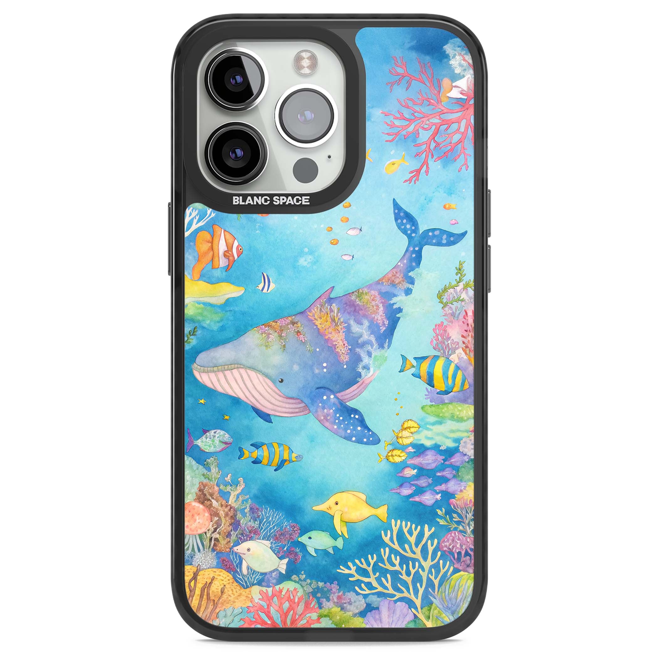 Coral Lagoon ocean iPhone case featuring a watercolour whale, coral reef and tropical fish | Black Impact Magsafe case for iPhone 13 Pro, iPhone 14 Pro, iPhone 15 Pro