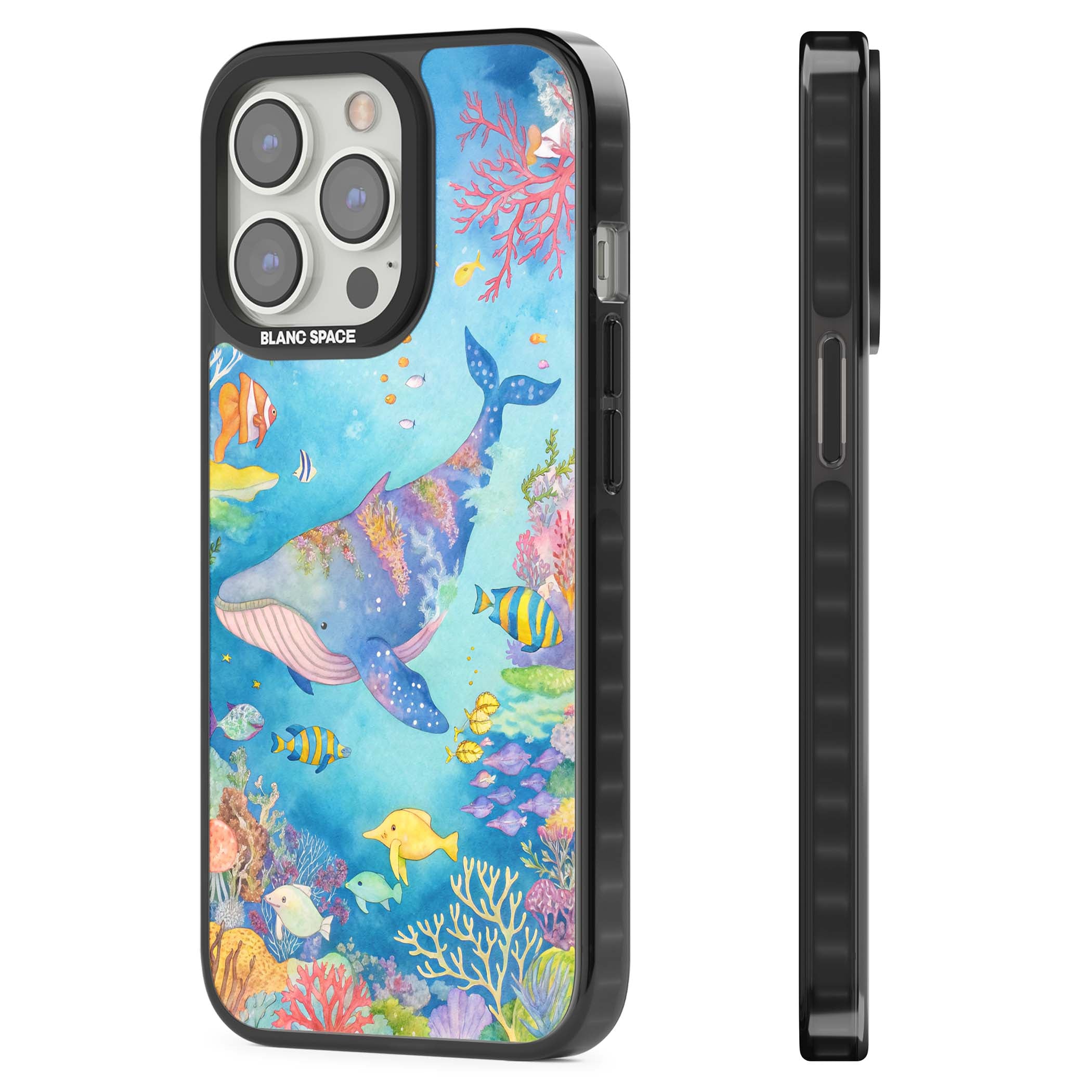 Coral Lagoon ocean iPhone case featuring a watercolour whale, coral reef and tropical fish | Black Impact Magsafe case for iPhone 13 Pro, iPhone 14 Pro, iPhone 15 Pro
