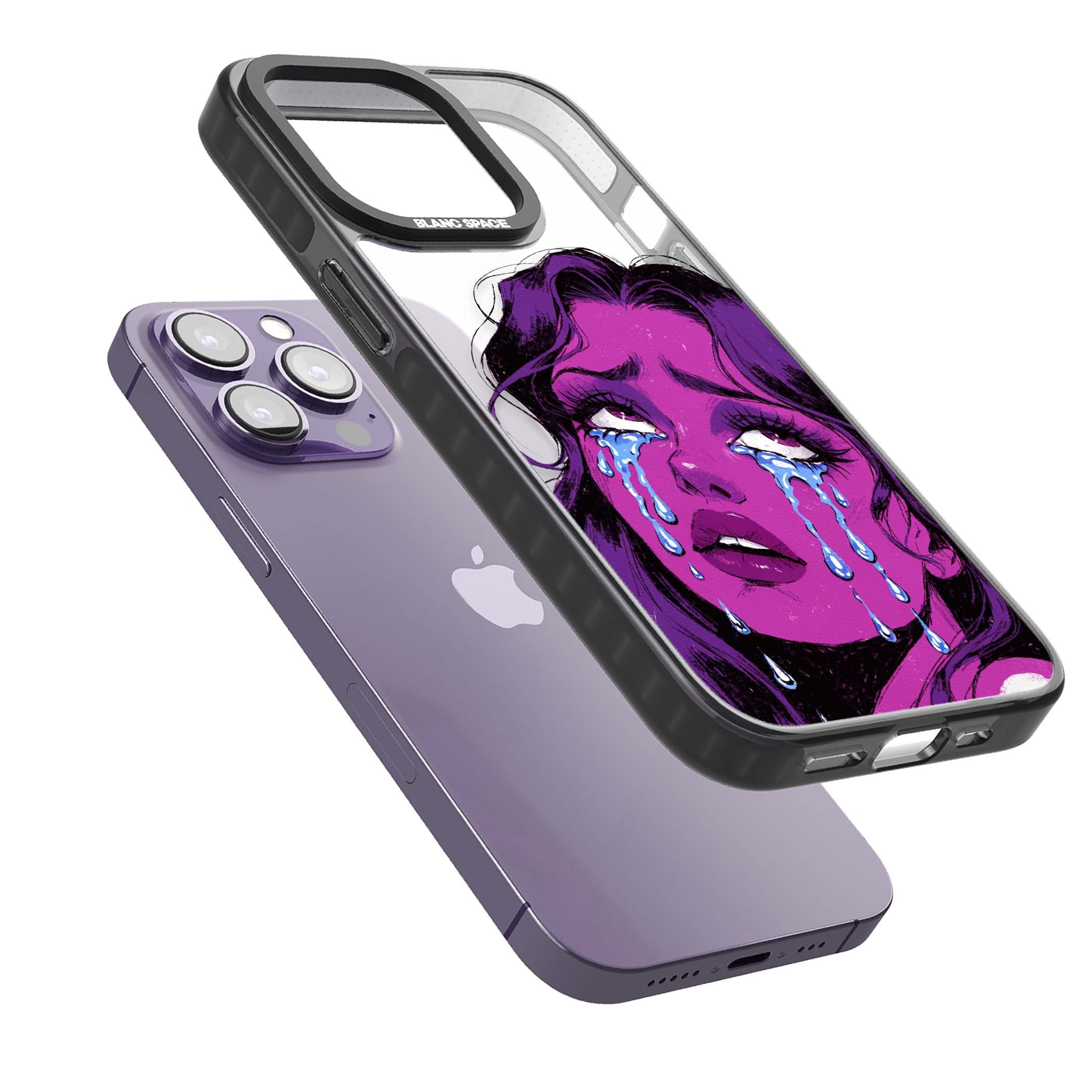 Drama Queen pop art iPhone case featuring a purple crying comic girl with blue tears | Black Impact Magsafe case for iPhone 13 Pro, iPhone 14 Pro, iPhone 15 Pro