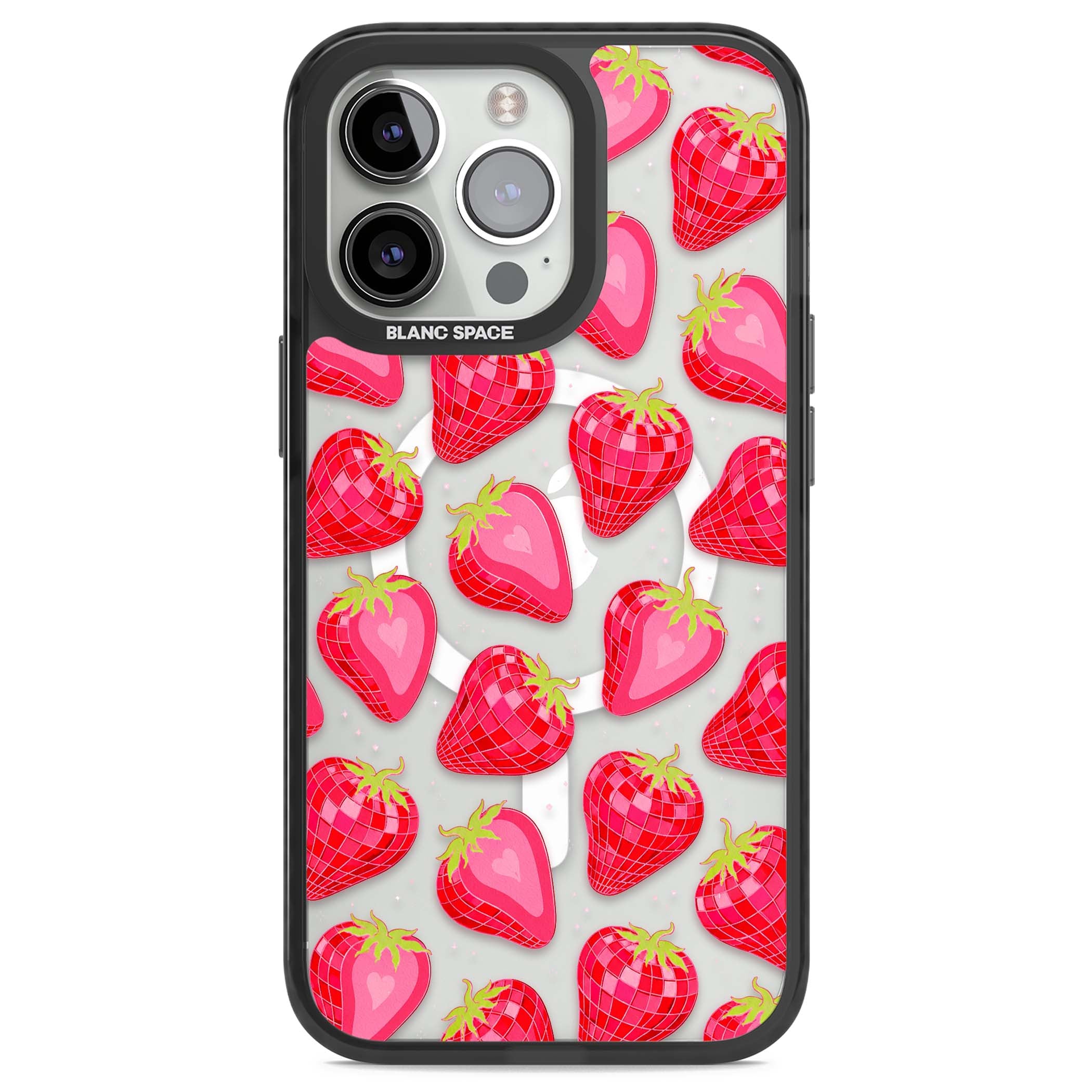 Disco Strawberry Y2K iPhone case featuring pink disco-ball strawberries, green leaves and tiny sparkles | Black Impact Magsafe case for iPhone 13 Pro, iPhone 14 Pro, iPhone 15 Pro