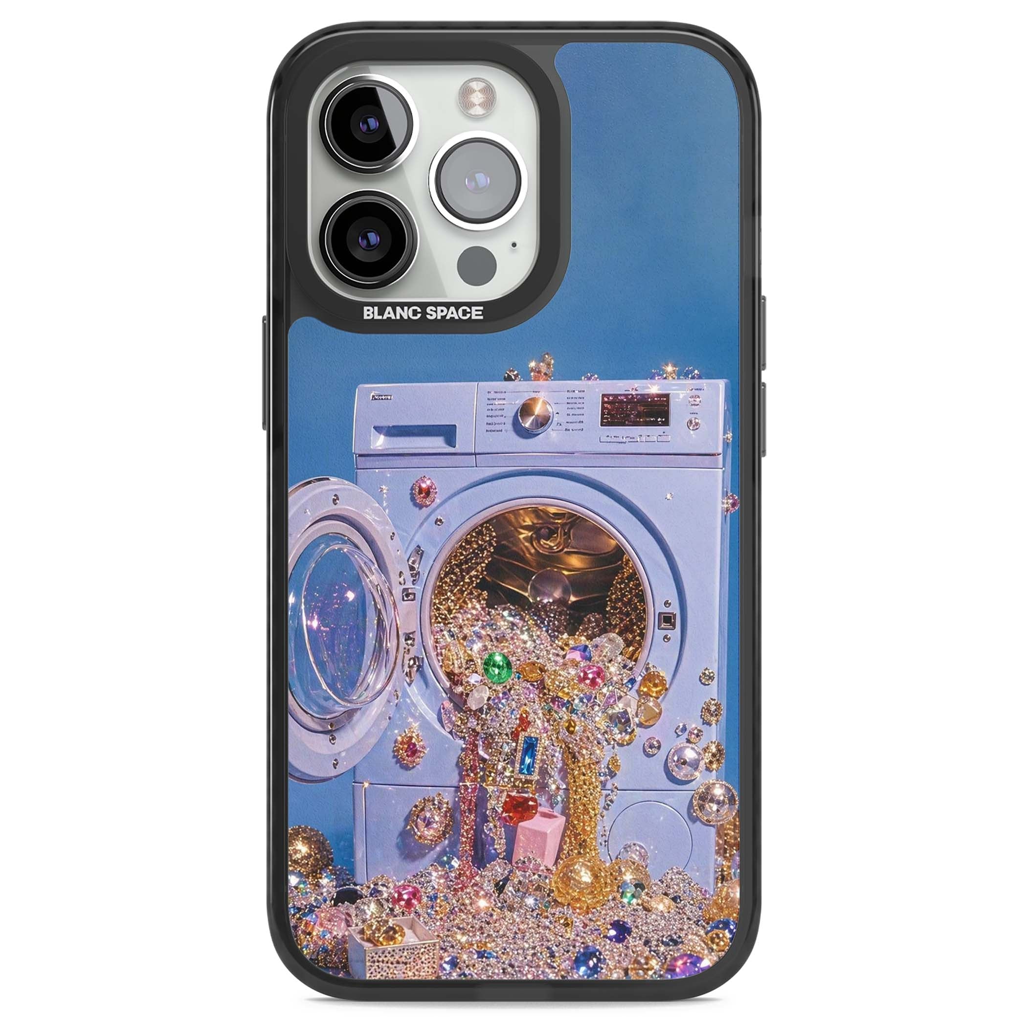Gem Laundry baddie iPhone case featuring a surreal washing machine overflowing with colourful gemstones and crystals | Black Impact Magsafe case for iPhone 13 Pro, iPhone 14 Pro, iPhone 15 Pro
