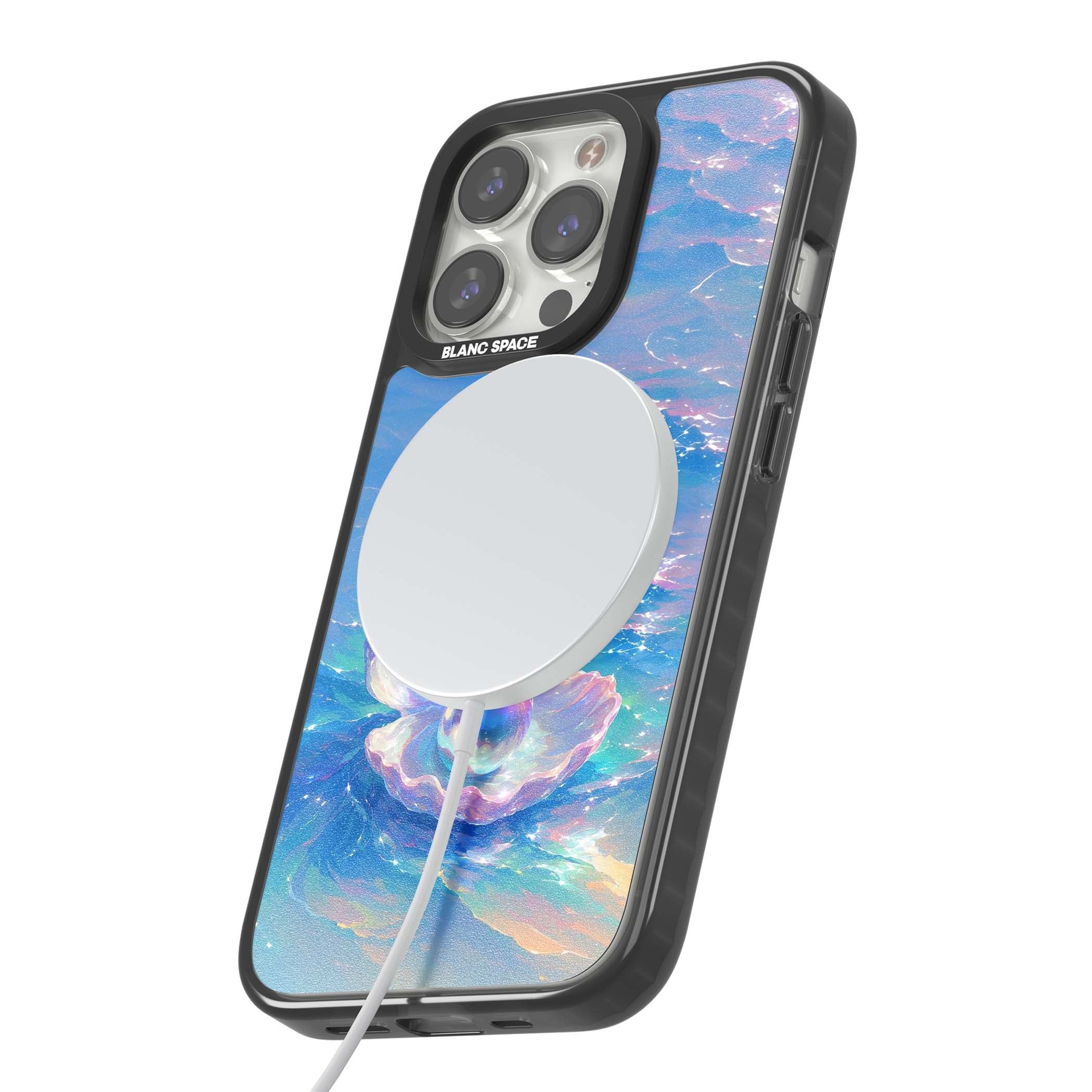 The Pearl Clam mermaidcore iPhone case featuring iridescent seashell, glowing pearl and pastel ocean waves | Black Impact Magsafe case for iPhone 13 Pro, iPhone 14 Pro, iPhone 15 Pro