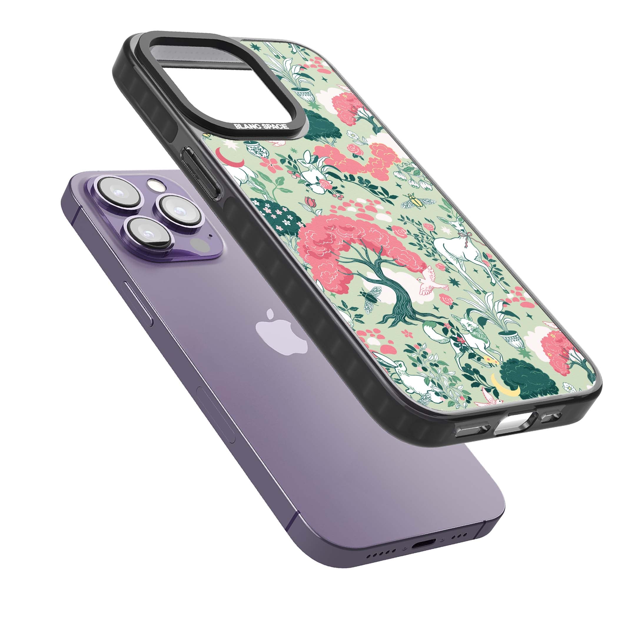 Enchanted Woodland cottagecore iPhone case featuring white deer, pink roses, mushrooms and woodland animals on sage green | Black Impact Magsafe case for iPhone 13 Pro, iPhone 14 Pro, iPhone 15 Pro