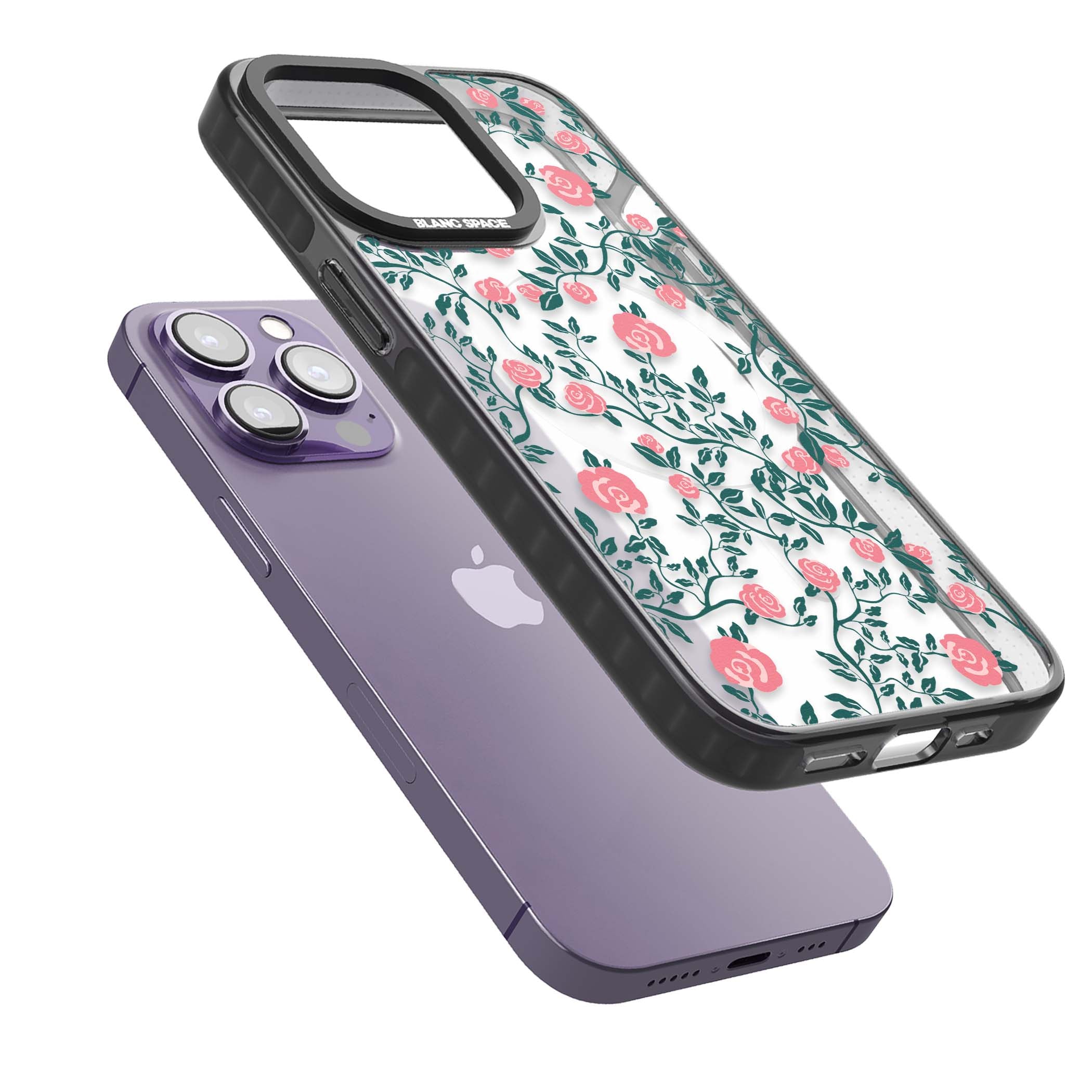 Rose Trellis (Clear) cottagecore iPhone case featuring pink climbing roses and green leaves on clear background | Black Impact Magsafe case for iPhone 13 Pro, iPhone 14 Pro, iPhone 15 Pro