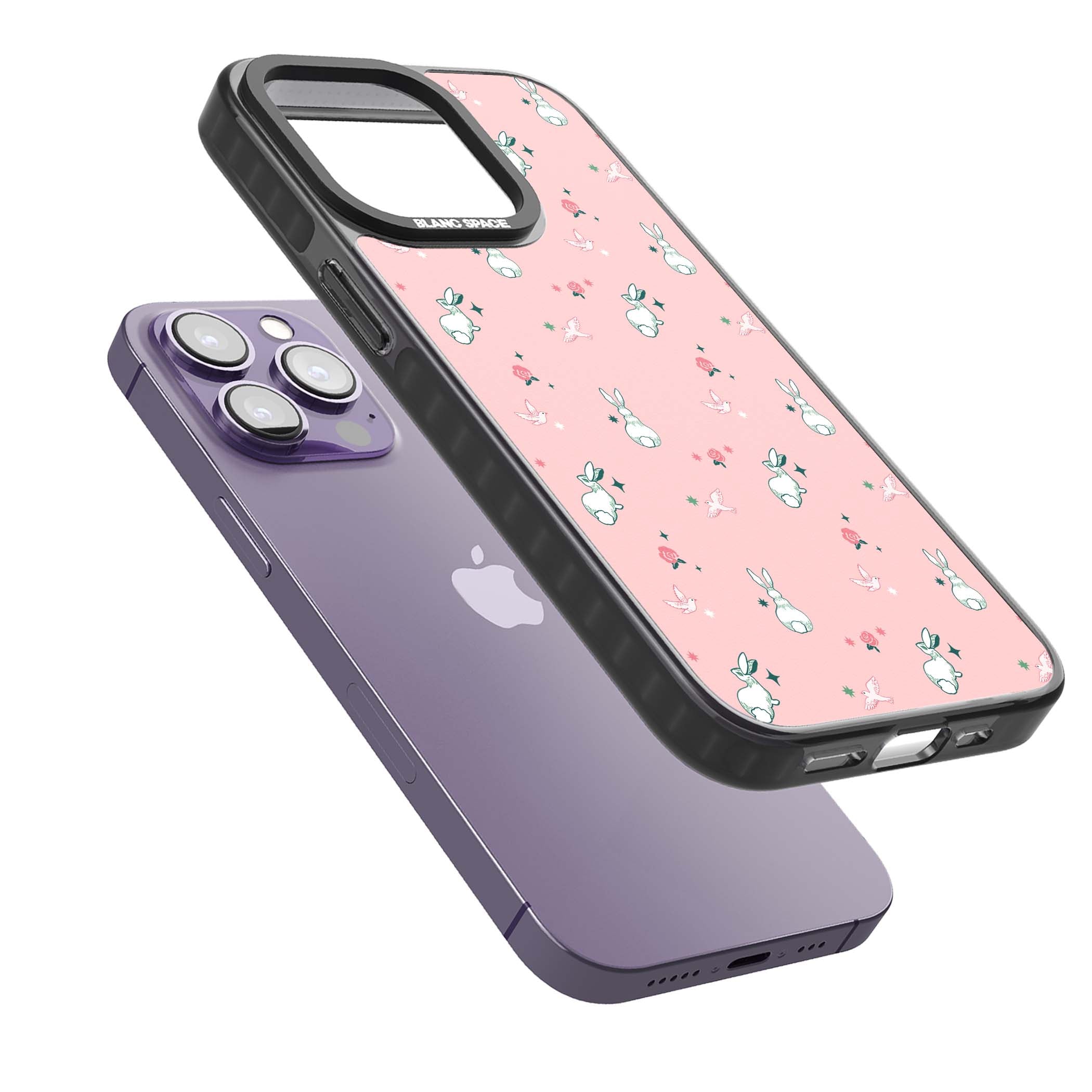 Bunny Garden kawaii iPhone case featuring white rabbits, pink roses, doves and stars on pink background | Black Impact Magsafe case for iPhone 13 Pro, iPhone 14 Pro, iPhone 15 Pro