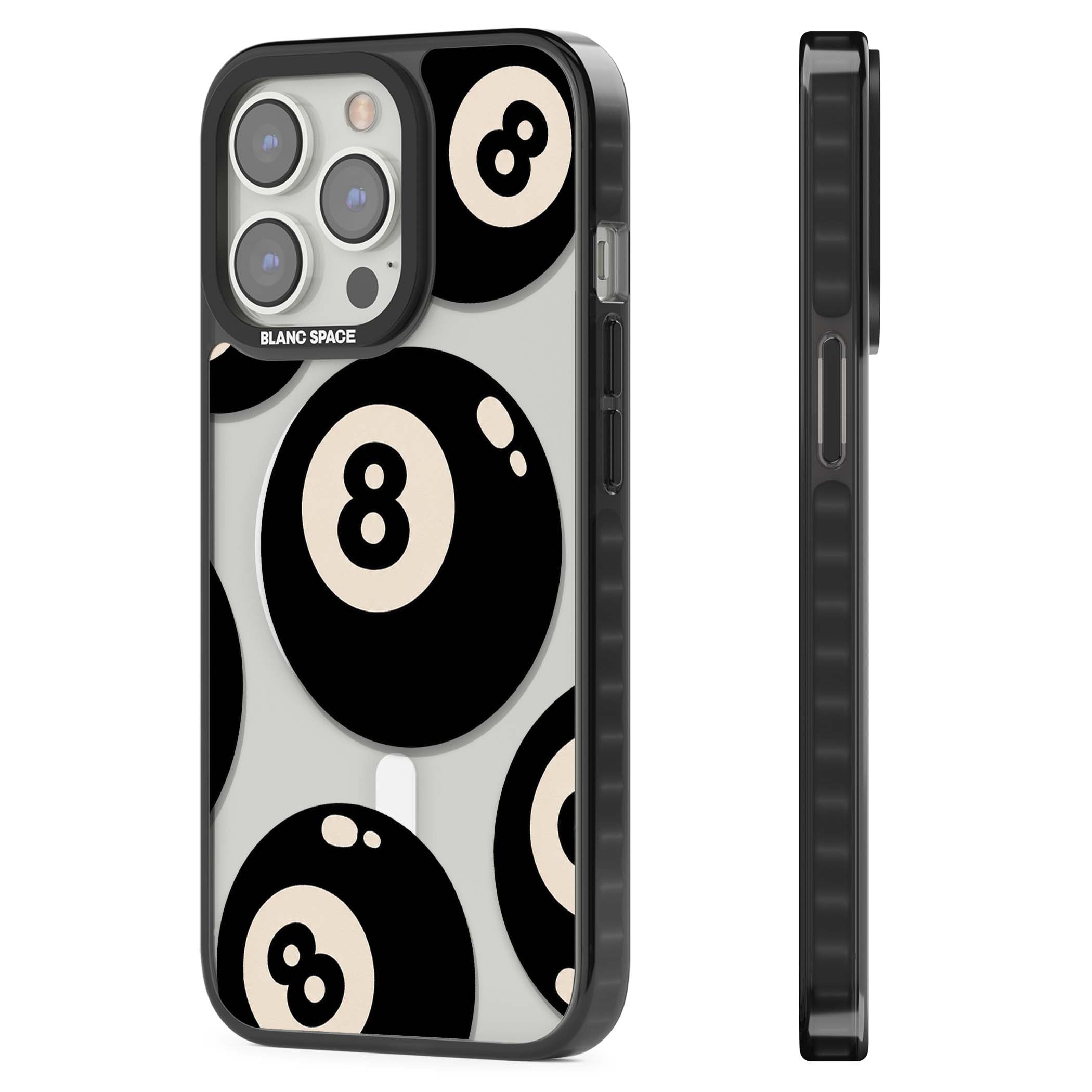 Eights y2k iPhone case featuring scattered black 8 balls with cream highlights on a clear background | Black Impact Magsafe case for iPhone 13 Pro, iPhone 14 Pro, iPhone 15 Pro