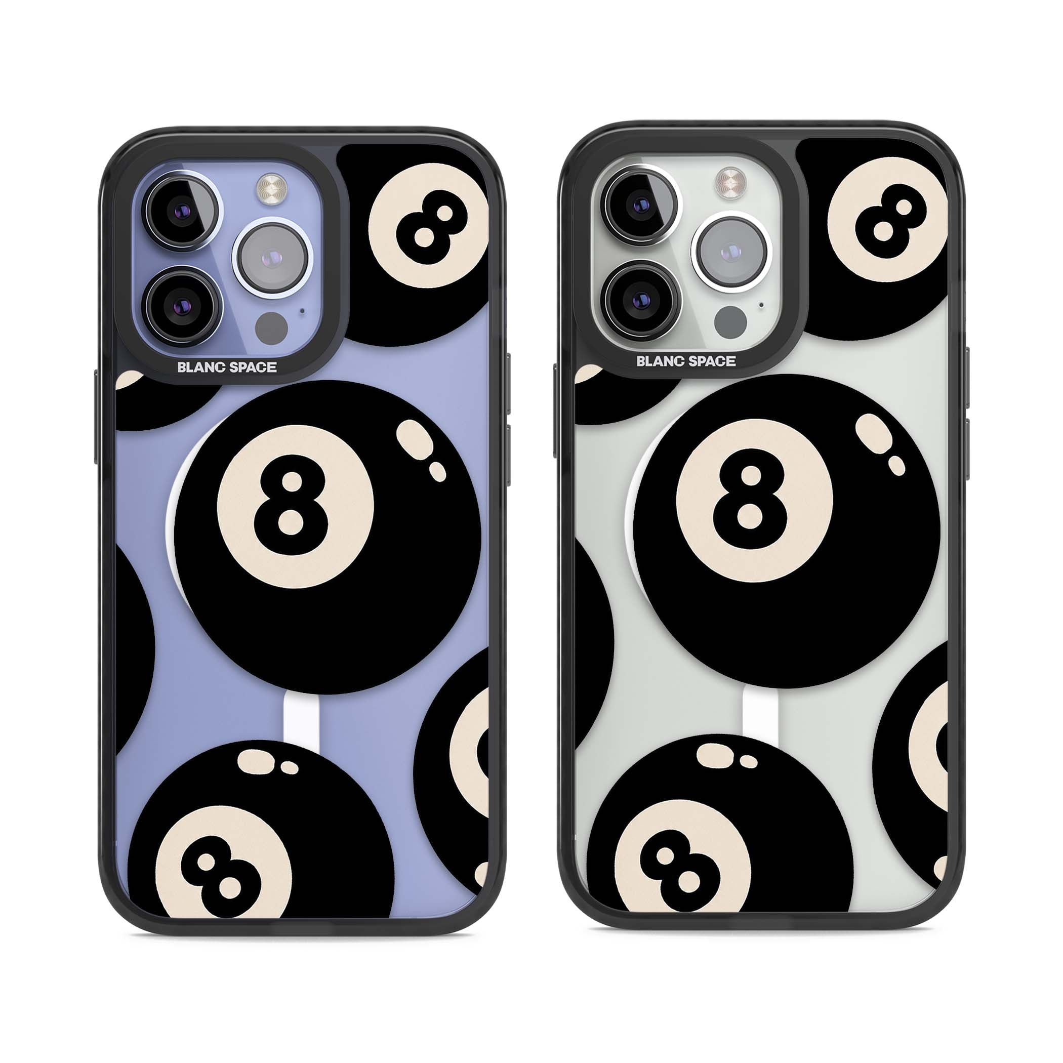 Eights y2k iPhone case featuring scattered black 8 balls with cream highlights on a clear background | Black Impact Magsafe case for iPhone 13 Pro, iPhone 14 Pro, iPhone 15 Pro