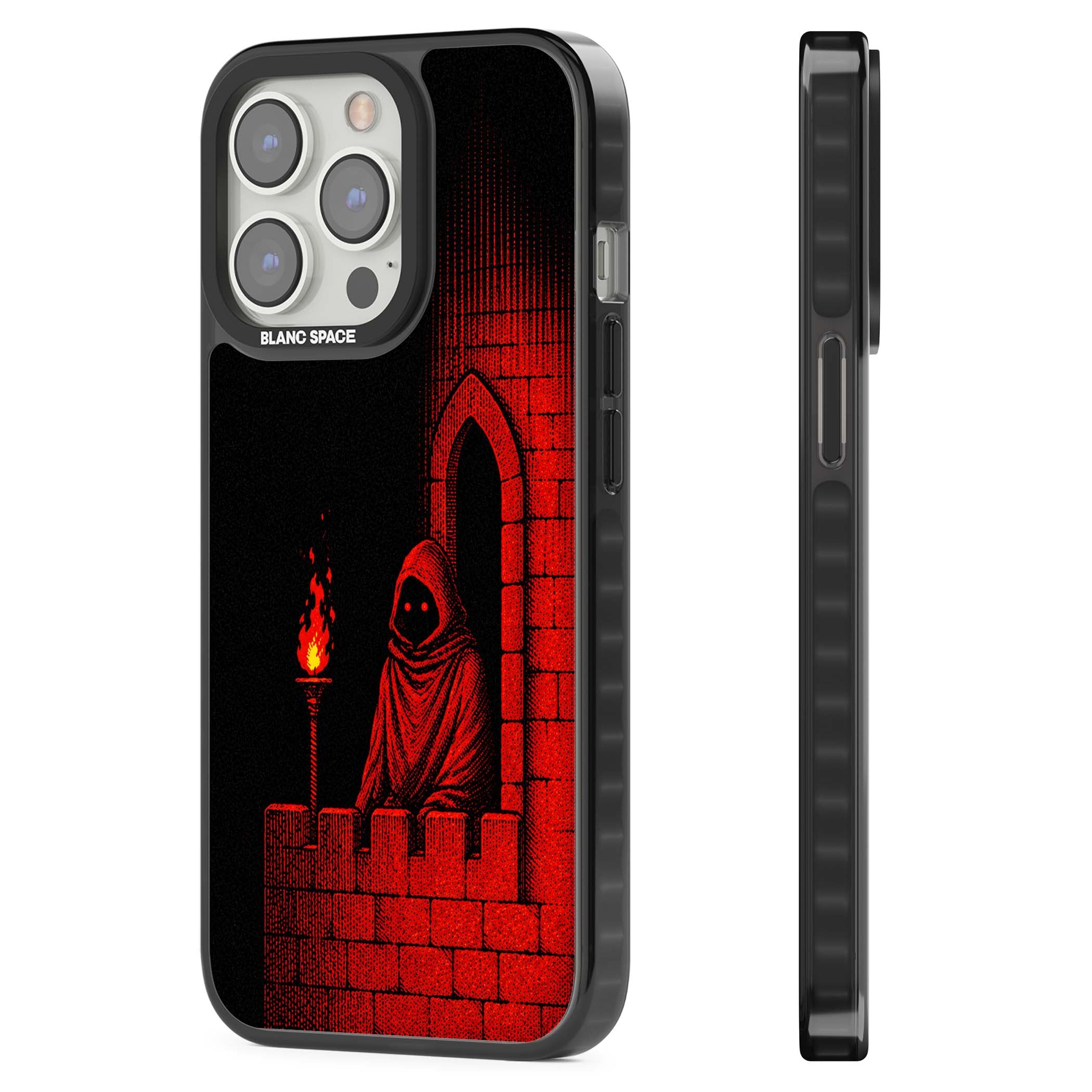 Crimson Crypt gothic iPhone case featuring a hooded reaper, torchlit crypt archway and red halftone horror art | Black Impact Magsafe case for iPhone 13 Pro, iPhone 14 Pro, iPhone 15 Pro