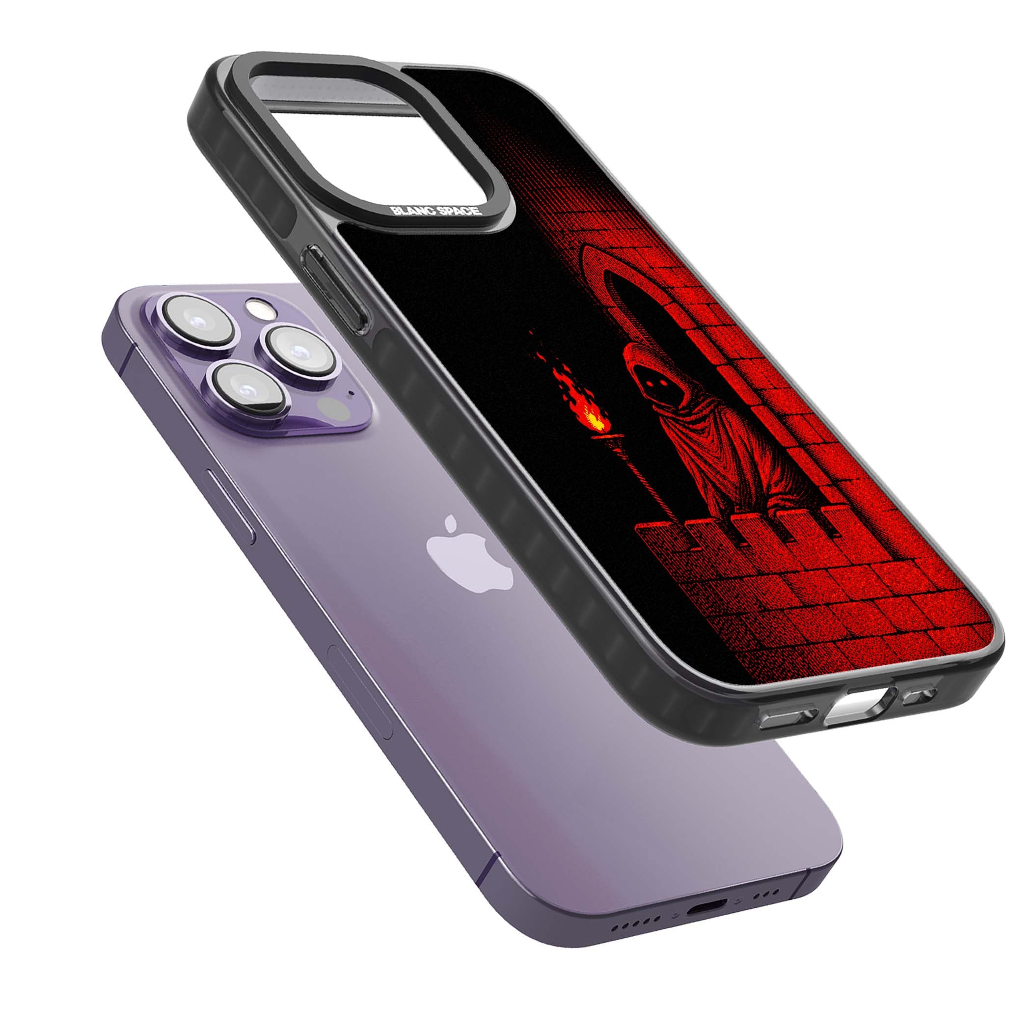 Crimson Crypt gothic iPhone case featuring a hooded reaper, torchlit crypt archway and red halftone horror art | Black Impact Magsafe case for iPhone 13 Pro, iPhone 14 Pro, iPhone 15 Pro