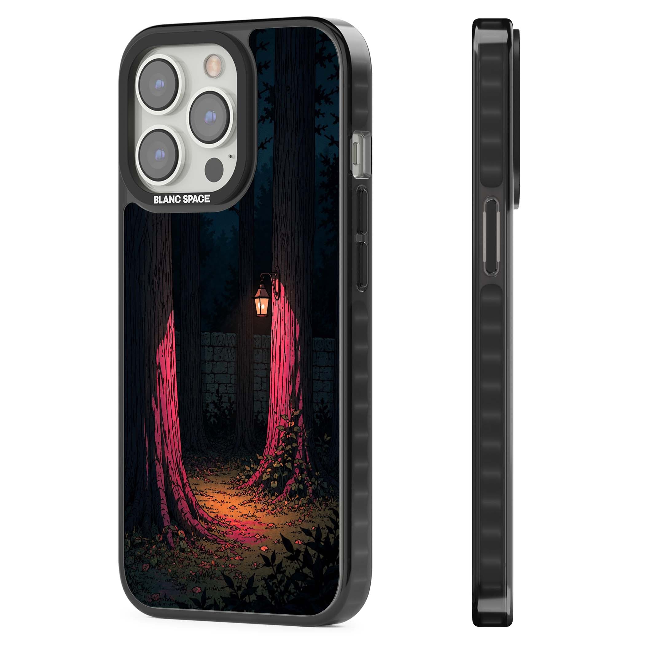 Forest Lantern dark academia iPhone case featuring a moonlit forest, glowing lantern, and stone wall pathway | Black Impact Magsafe case for iPhone 13 Pro, iPhone 14 Pro, iPhone 15 Pro