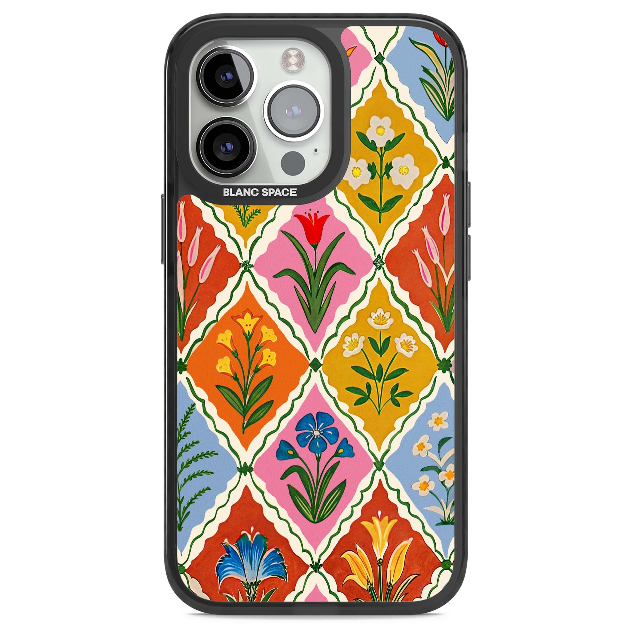 Floral Quilt boho floral iPhone case featuring diamond lattice pattern, hand-painted tulips and folk art wildflowers | Black Impact Magsafe case for iPhone 13 Pro, iPhone 14 Pro, iPhone 15 Pro