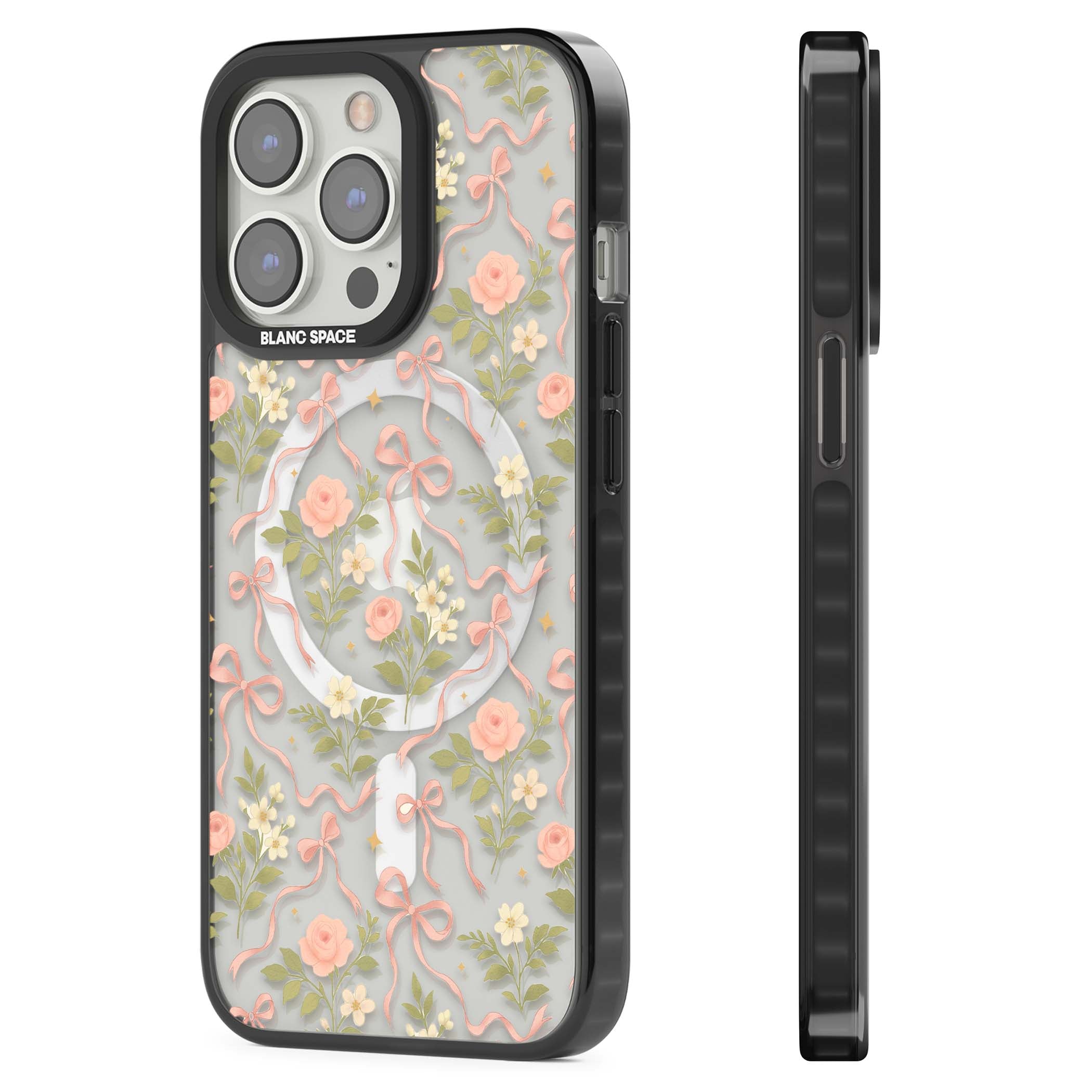 Ribbon Garden coquette iPhone case featuring pink bows, peach roses and wildflowers on white background | Black Impact Magsafe case for iPhone 13 Pro, iPhone 14 Pro, iPhone 15 Pro