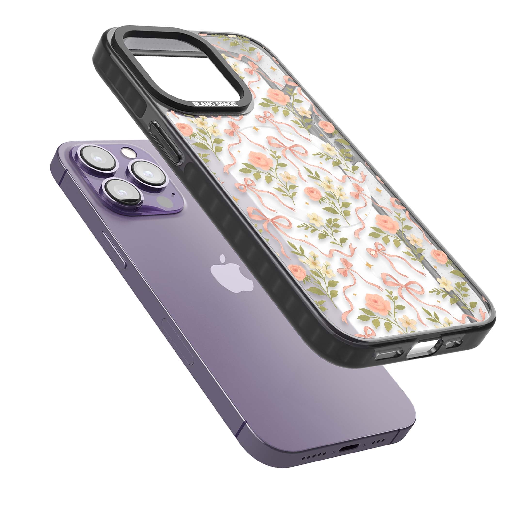 Ribbon Garden coquette iPhone case featuring pink bows, peach roses and wildflowers on white background | Black Impact Magsafe case for iPhone 13 Pro, iPhone 14 Pro, iPhone 15 Pro