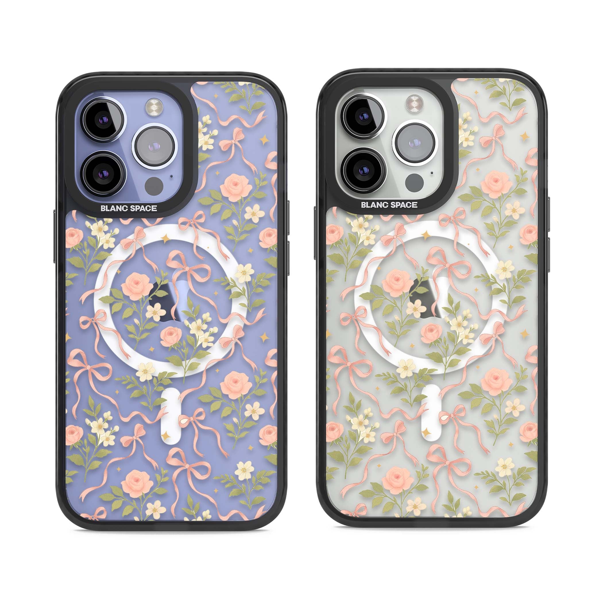 Ribbon Garden coquette iPhone case featuring pink bows, peach roses and wildflowers on white background | Black Impact Magsafe case for iPhone 13 Pro, iPhone 14 Pro, iPhone 15 Pro