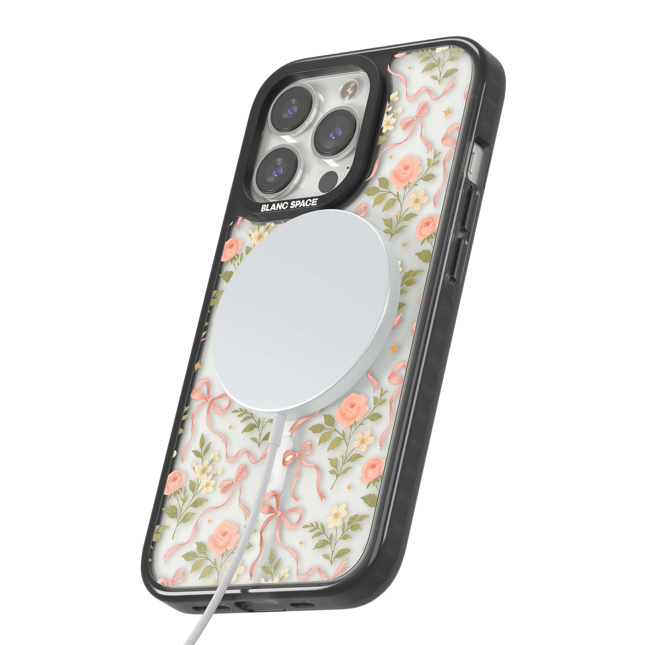Ribbon Garden coquette iPhone case featuring pink bows, peach roses and wildflowers on white background | Black Impact Magsafe case for iPhone 13 Pro, iPhone 14 Pro, iPhone 15 Pro