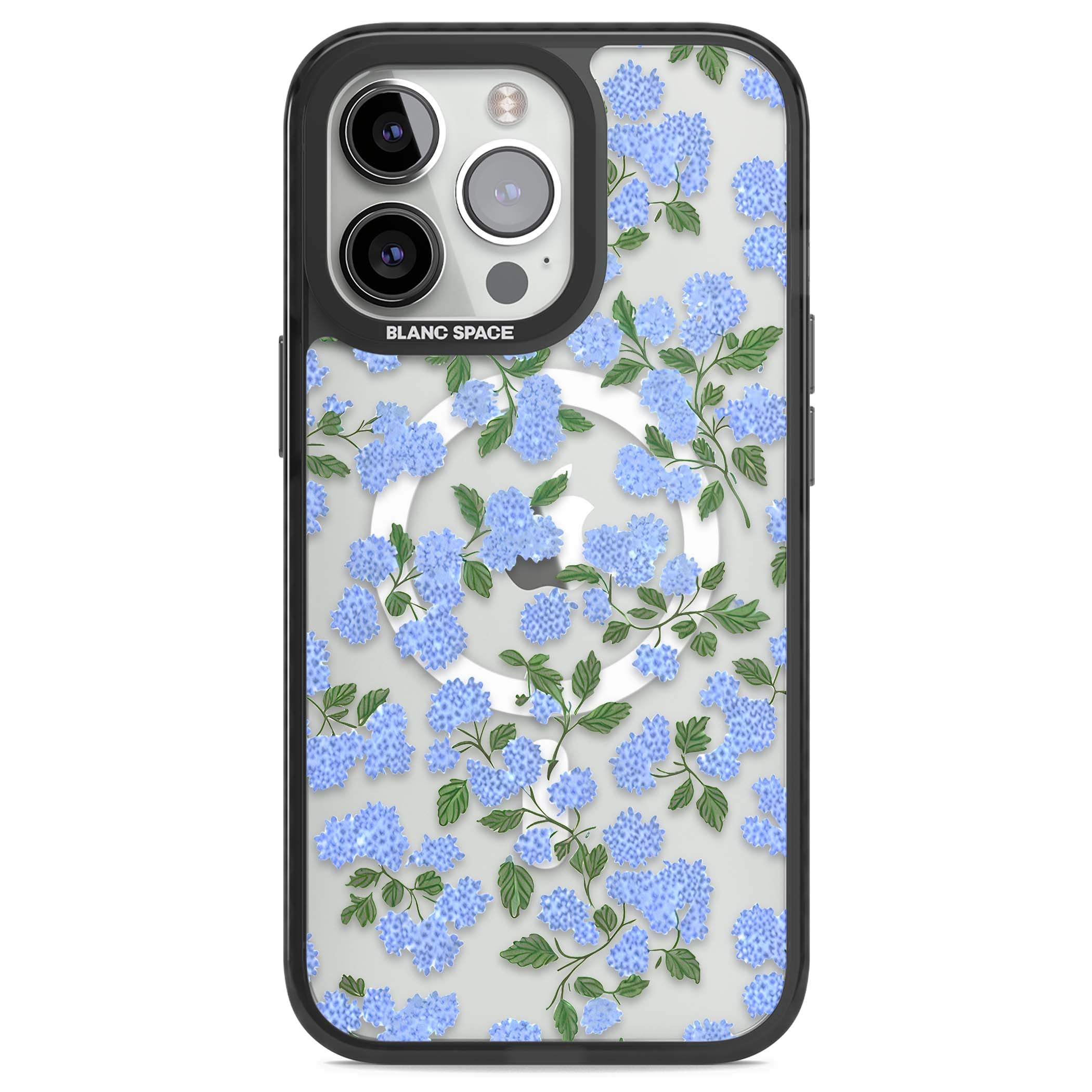Hydrangea Dreams cottagecore iPhone case featuring soft blue hydrangea flower clusters and green leaves | Black Impact Magsafe case for iPhone 13 Pro, iPhone 14 Pro, iPhone 15 Pro