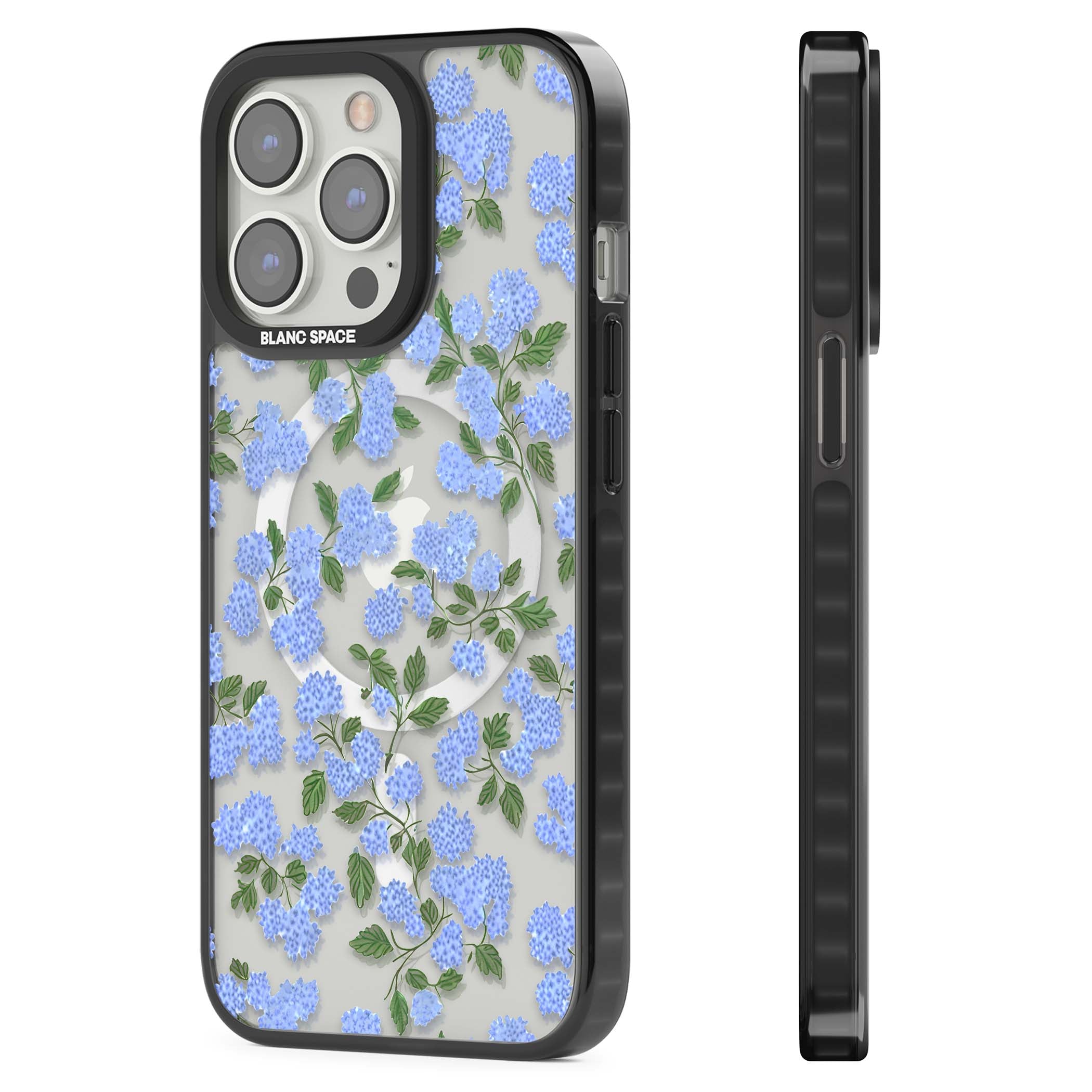 Hydrangea Dreams cottagecore iPhone case featuring soft blue hydrangea flower clusters and green leaves | Black Impact Magsafe case for iPhone 13 Pro, iPhone 14 Pro, iPhone 15 Pro