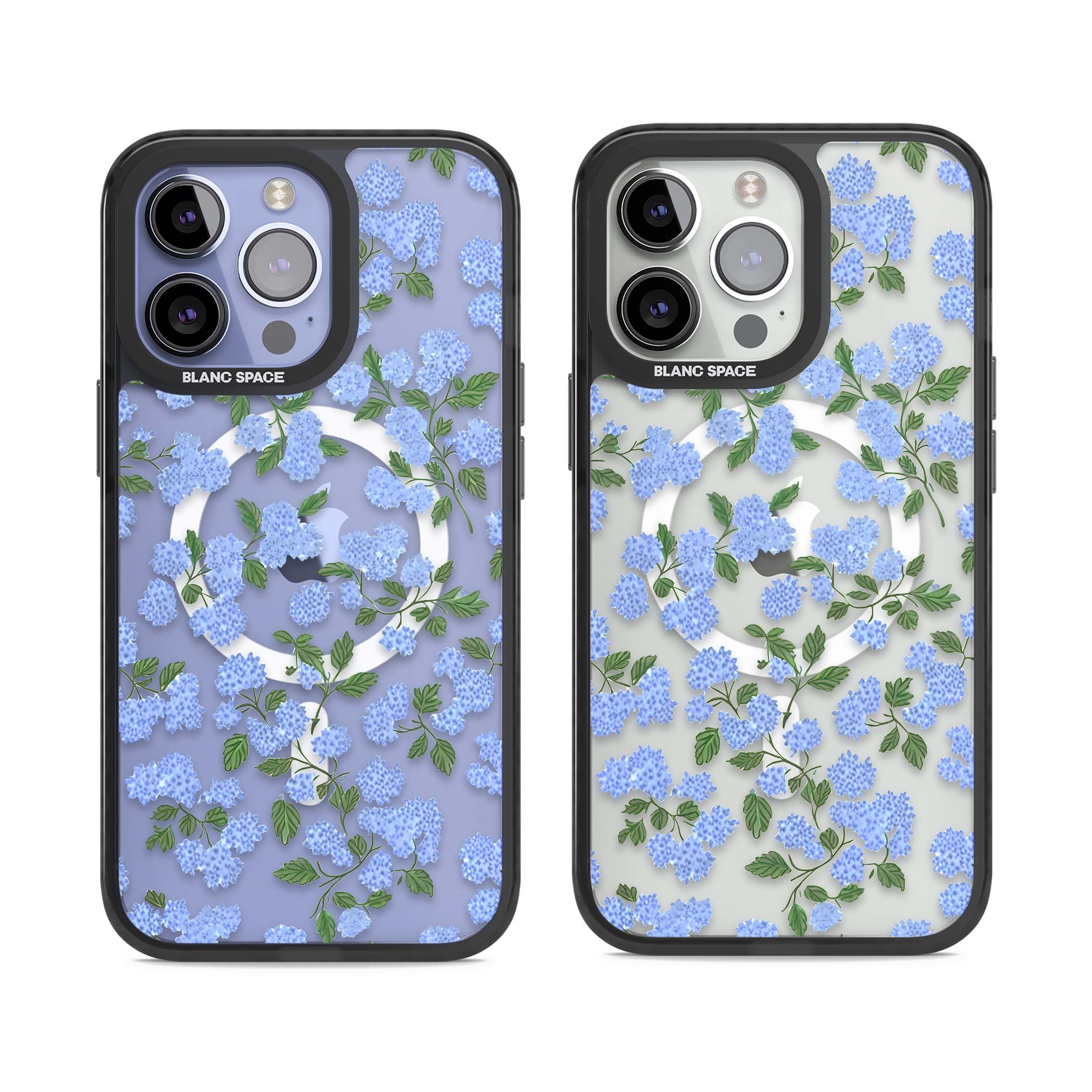 Hydrangea Dreams cottagecore iPhone case featuring soft blue hydrangea flower clusters and green leaves | Black Impact Magsafe case for iPhone 13 Pro, iPhone 14 Pro, iPhone 15 Pro
